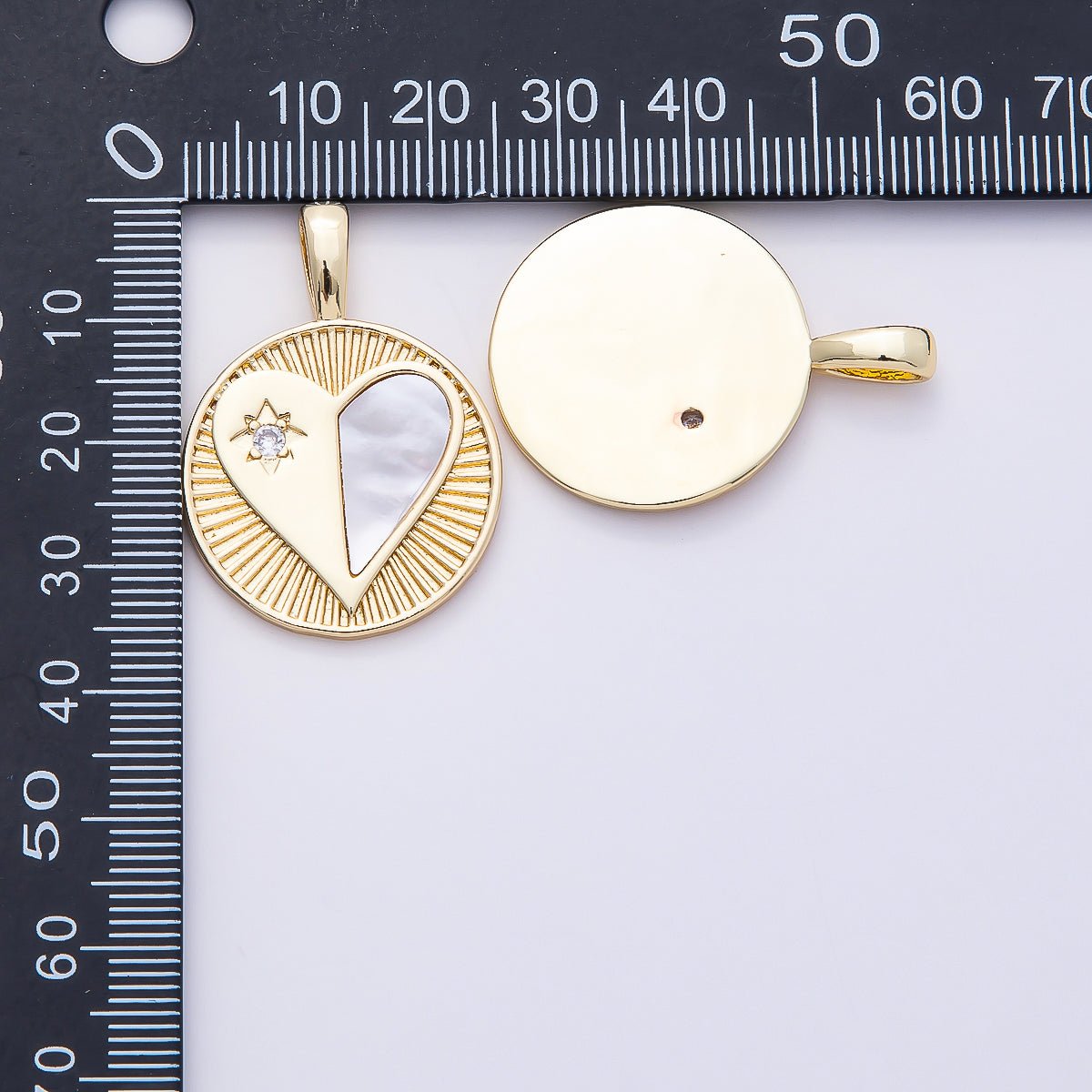16K Gold Filled 35mm Mother of Pearl Clear CZ Heart Medallion Charm | Charms - 00757 - DLUXCA