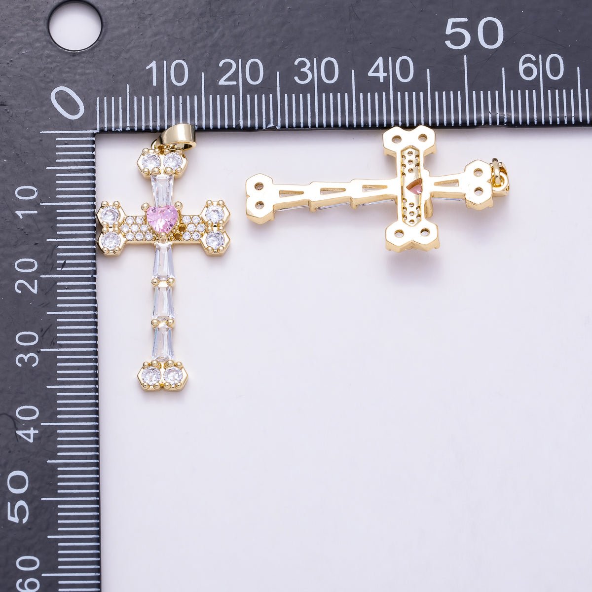 16K Gold Filled 35mm Pink Clear Baguette Micro Paved CZ Religious Cross Pendant | Charms-02058 - DLUXCA