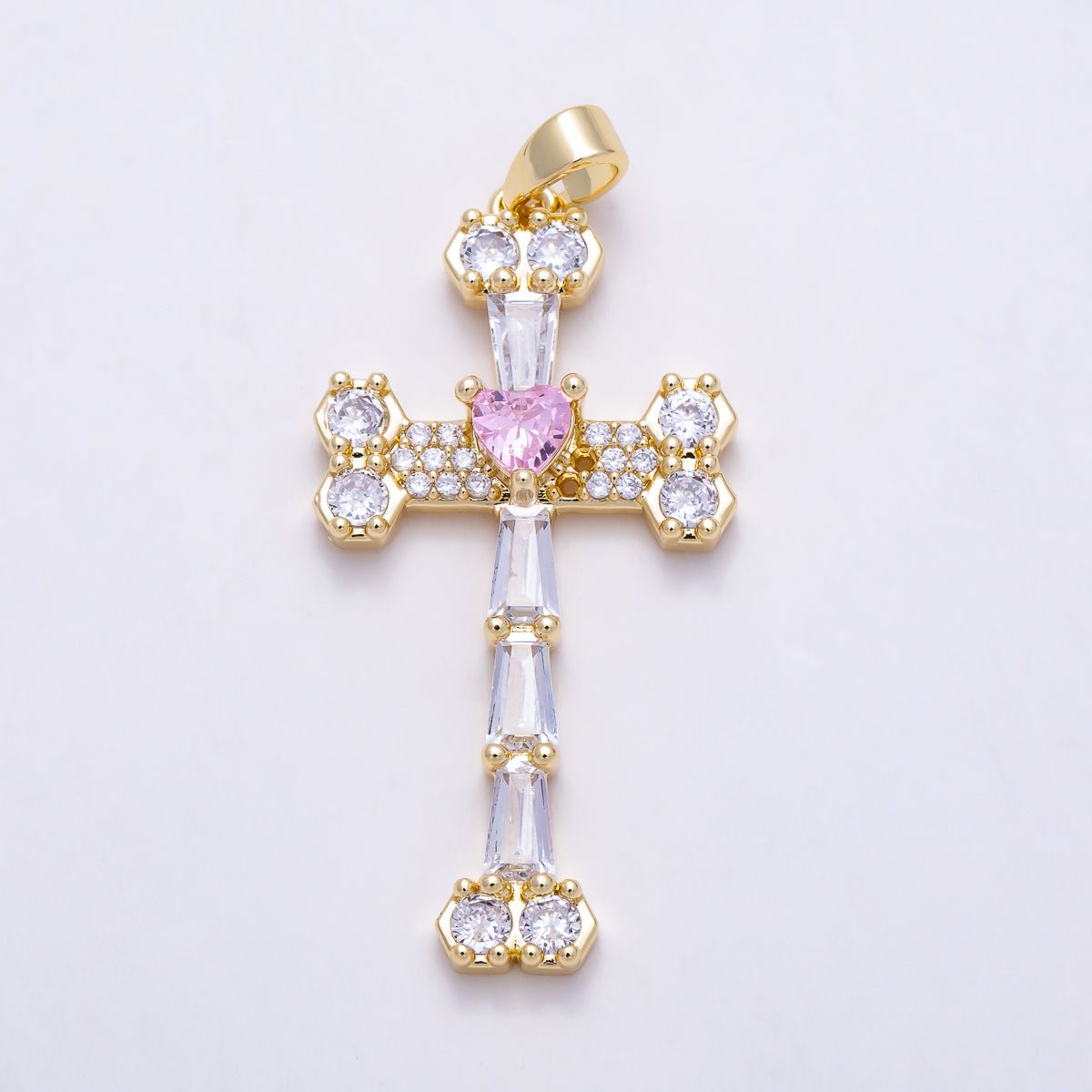 16K Gold Filled 35mm Pink Clear Baguette Micro Paved CZ Religious Cross Pendant | Charms-02058 - DLUXCA