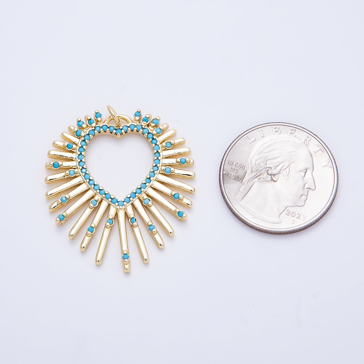 16K Gold Filled 35mm Turquoise Dotted Micro Paved Sunburst Heart Charm | Charms-01253 - DLUXCA