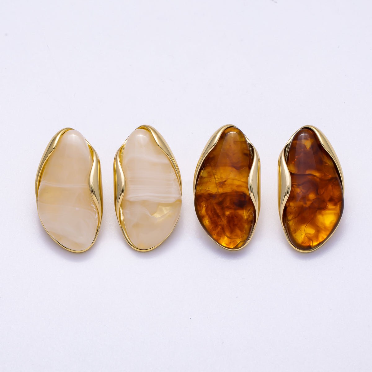 16K Gold Filled 36mm Brown & White Molten Natural Gemstone Stud Earrings | Earrings - 00361 - Earrings - 00362 - DLUXCA