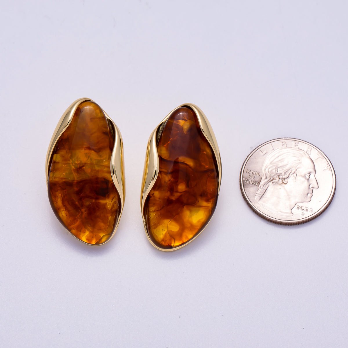 16K Gold Filled 36mm Brown & White Molten Natural Gemstone Stud Earrings | Earrings - 00361 - Earrings - 00362 - DLUXCA