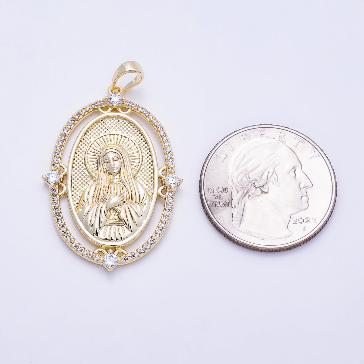 16K Gold Filled 36mm Clear Micro Paved CZ Virgin Mary Oval Religious Pendant | Charms-01395 - DLUXCA