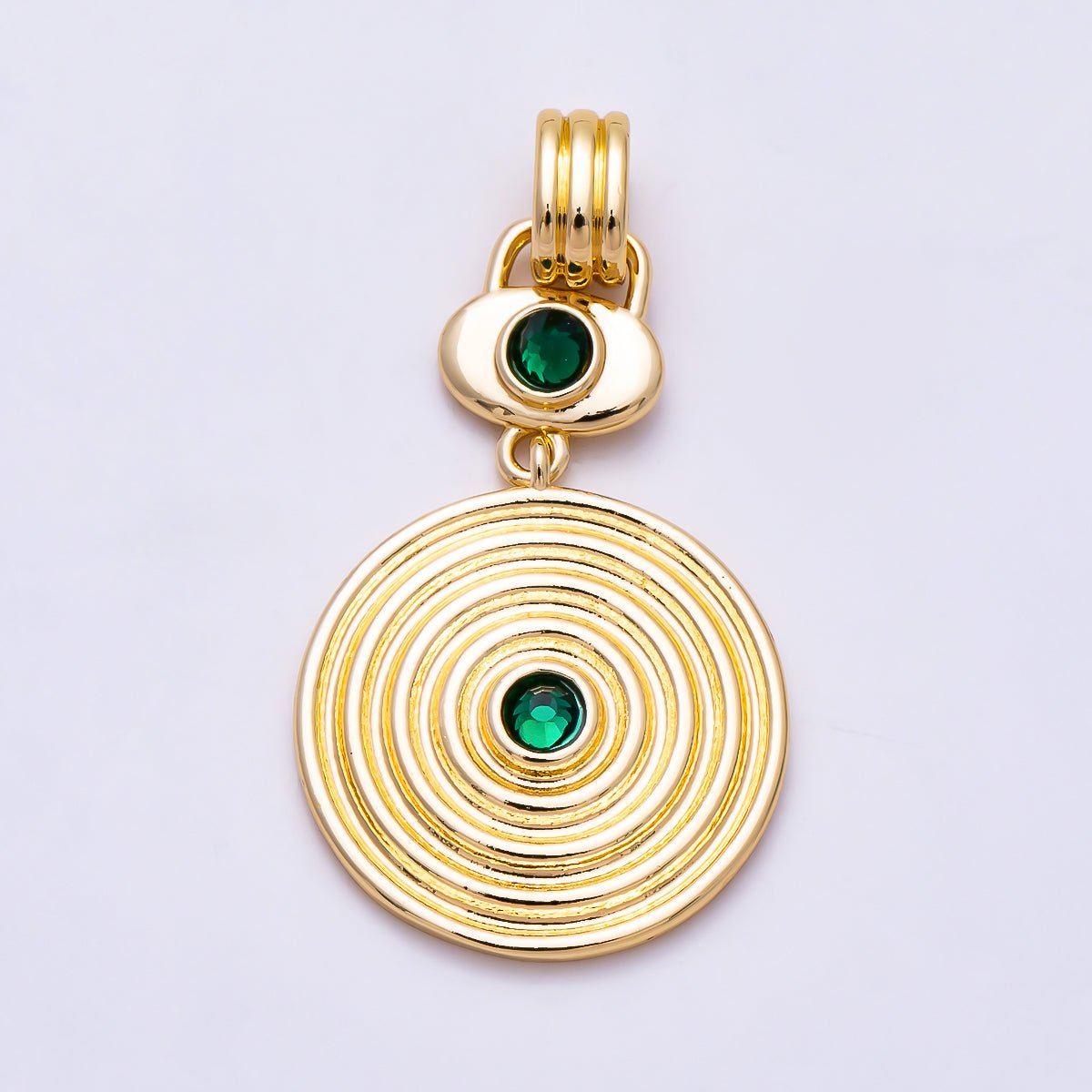 16K Gold Filled 36mm Green CZ Geometric Ribbed Round Double Drop Pendant | Charms-01993 - DLUXCA
