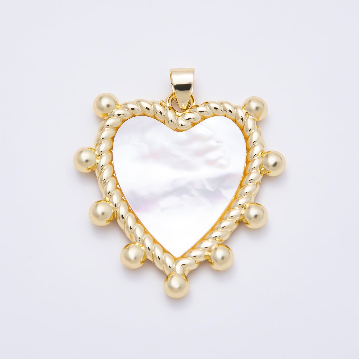 16K Gold Filled 36mm White Mother of Pearl Twisted Beaded Frame Heart Pendant | Charms-01785 - DLUXCA