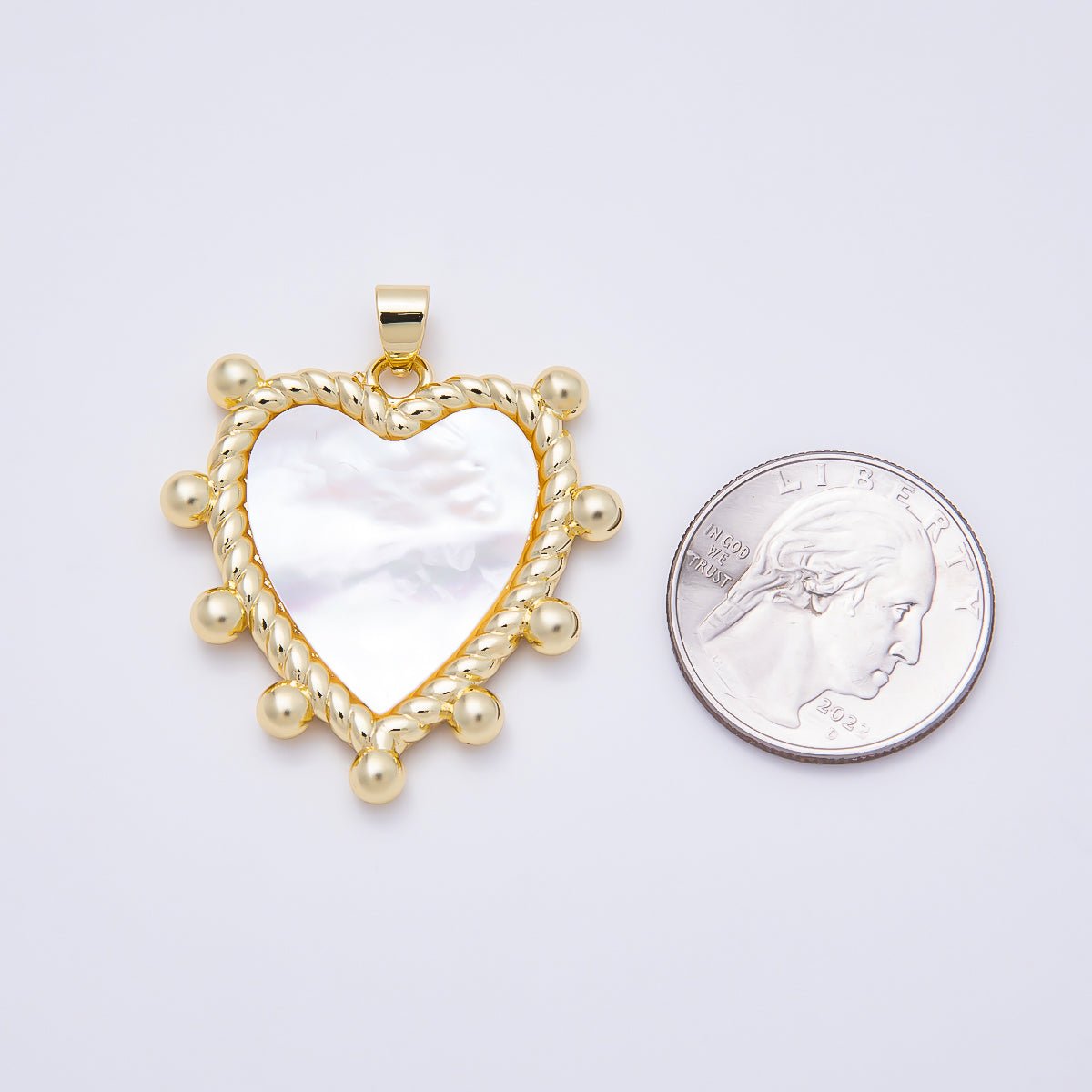 16K Gold Filled 36mm White Mother of Pearl Twisted Beaded Frame Heart Pendant | Charms-01785 - DLUXCA