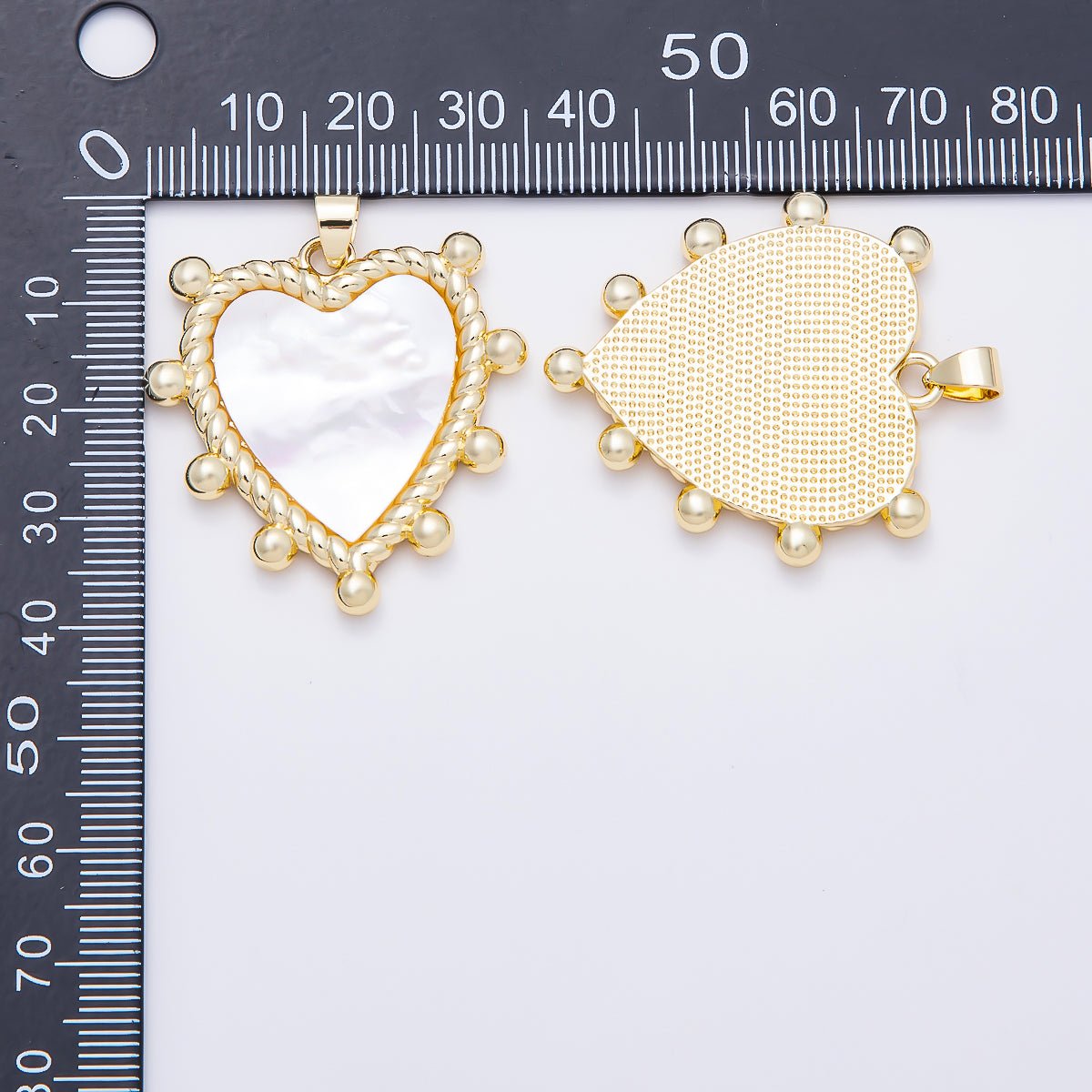 16K Gold Filled 36mm White Mother of Pearl Twisted Beaded Frame Heart Pendant | Charms-01785 - DLUXCA