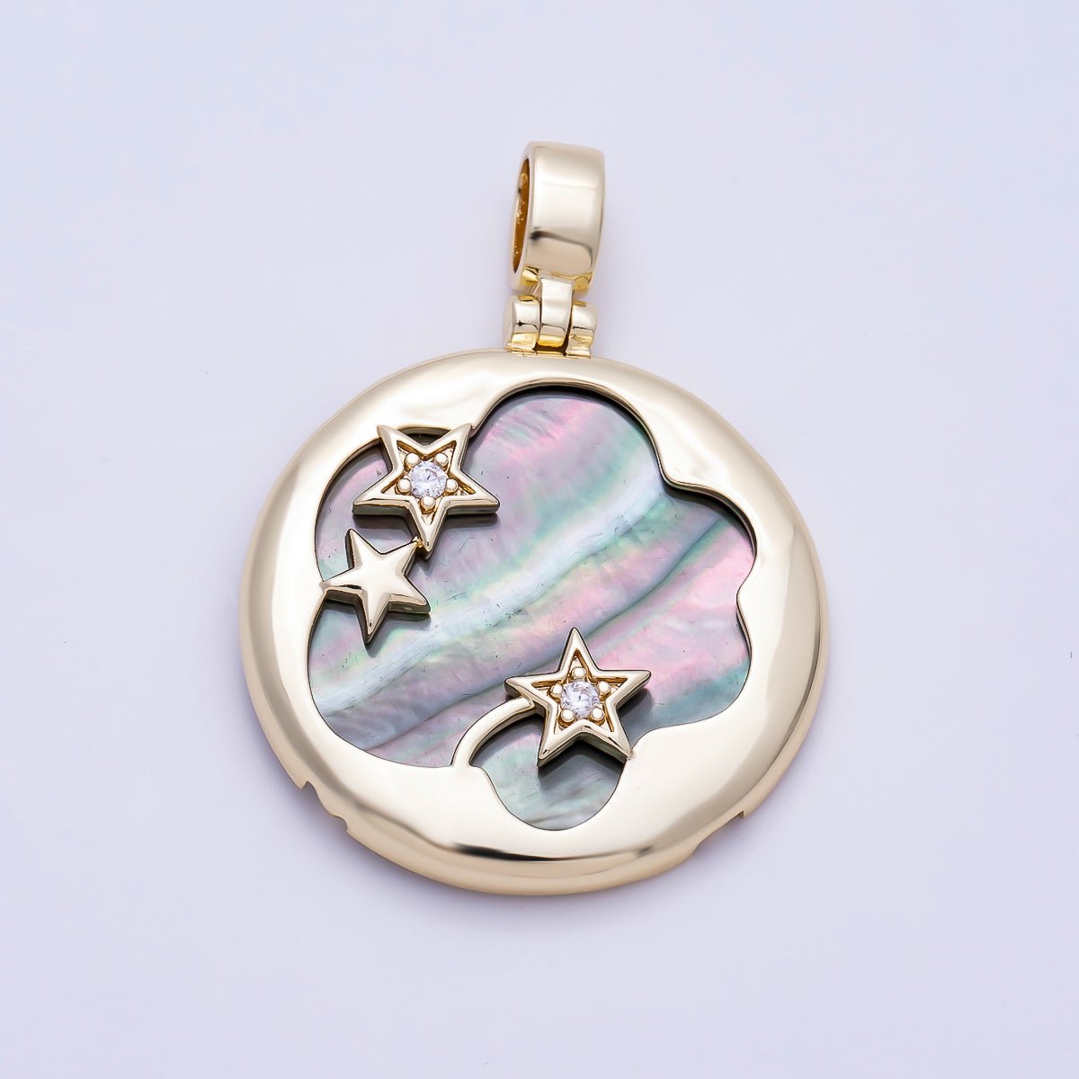 16K Gold Filled 37.5mm Tahitian Black Shell Pearl Celestial Star Bezel Round Pendant | Charms-01480 - DLUXCA