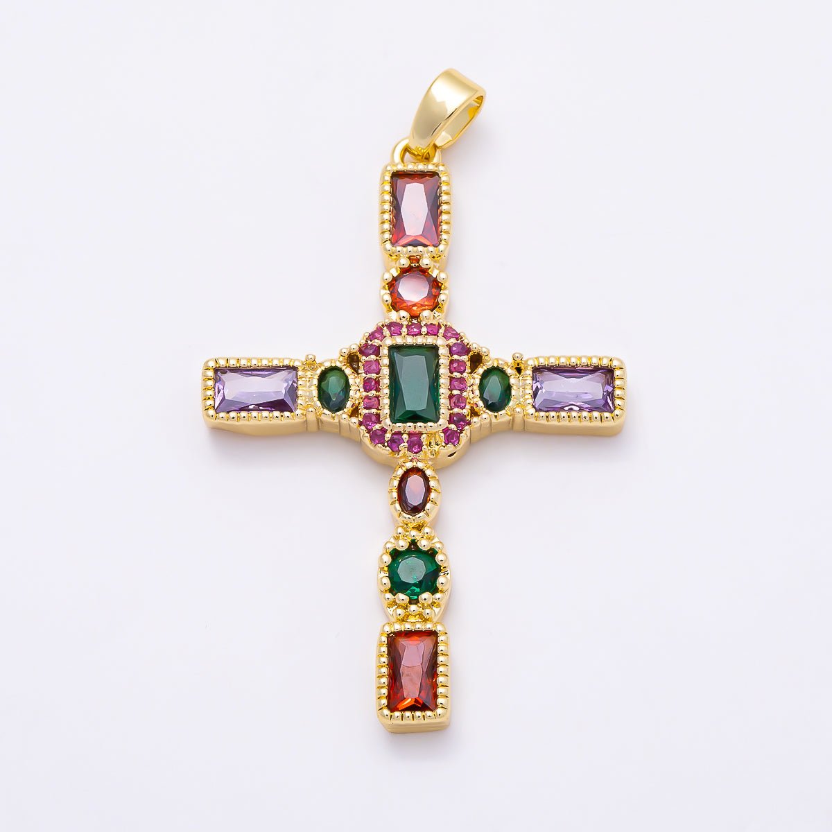 16K Gold Filled 37mm Multicolor CZ Beadded Textured Cross Religious Pendant in Gold & Silver | Charms-01845 - Charms-01846 - DLUXCA