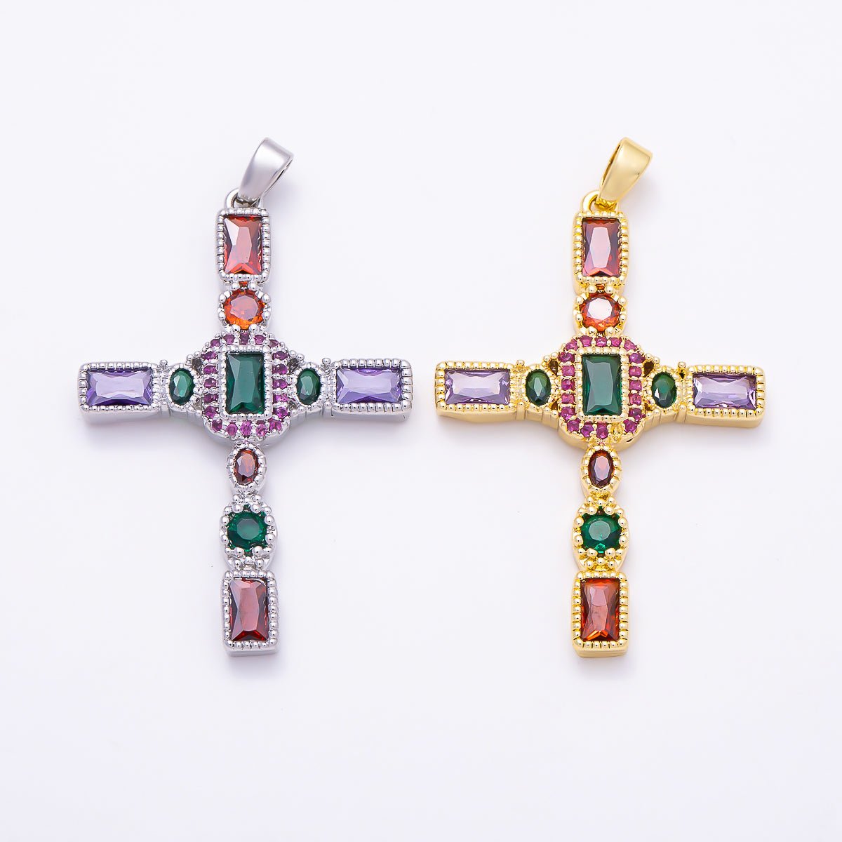 16K Gold Filled 37mm Multicolor CZ Beadded Textured Cross Religious Pendant in Gold & Silver | Charms-01845 - Charms-01846 - DLUXCA