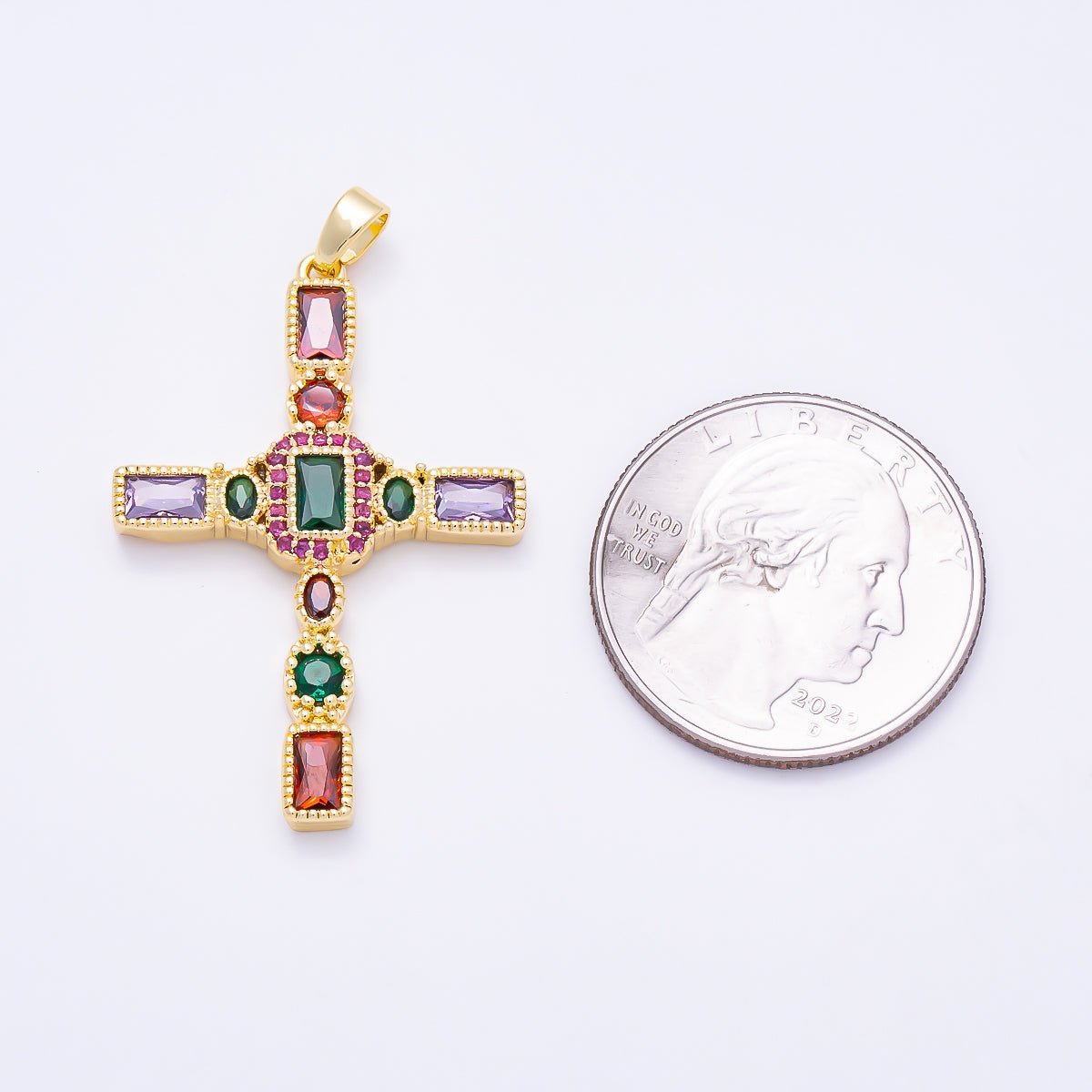 16K Gold Filled 37mm Multicolor CZ Beadded Textured Cross Religious Pendant in Gold & Silver | Charms-01845 - Charms-01846 - DLUXCA