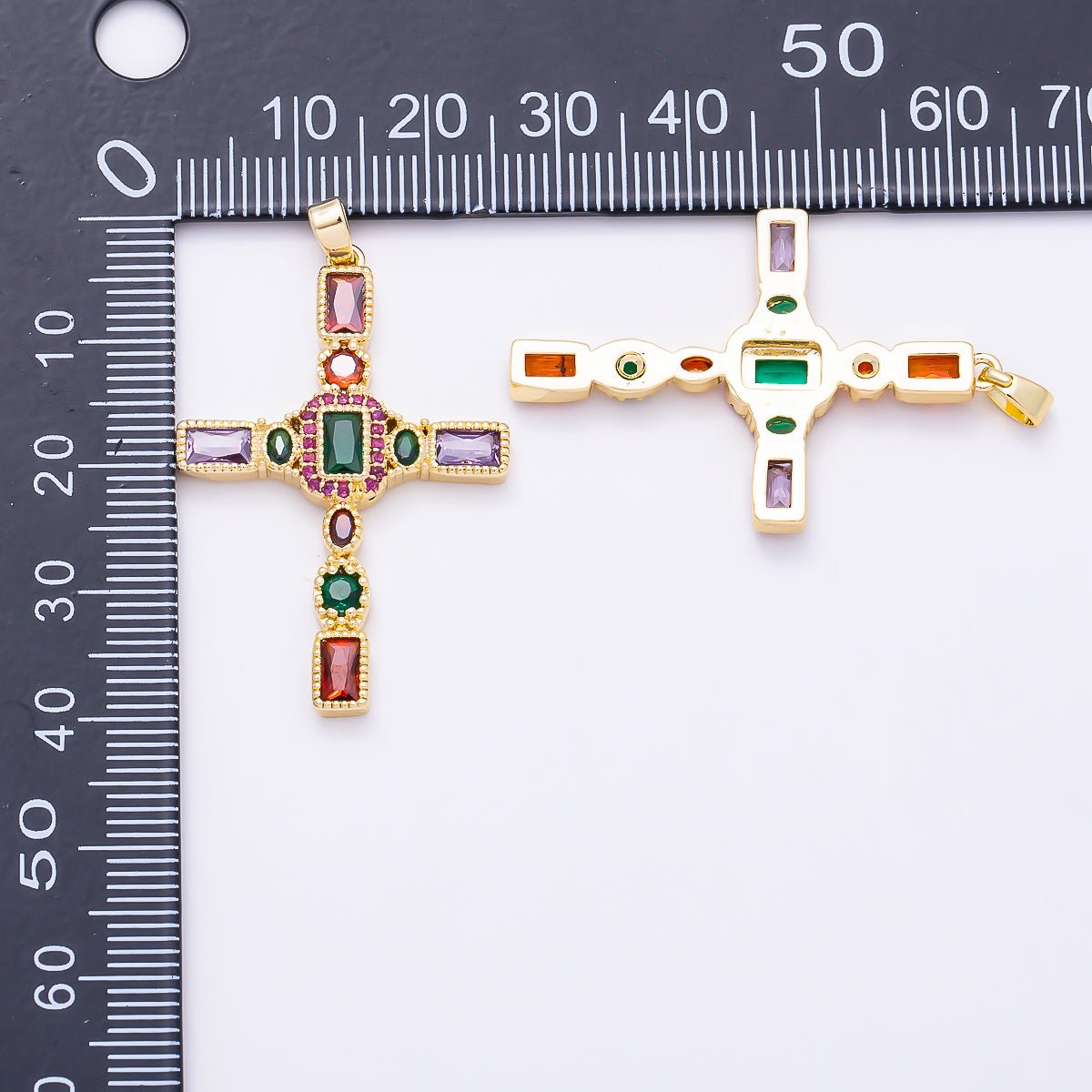16K Gold Filled 37mm Multicolor CZ Beadded Textured Cross Religious Pendant in Gold & Silver | Charms-01845 - Charms-01846 - DLUXCA
