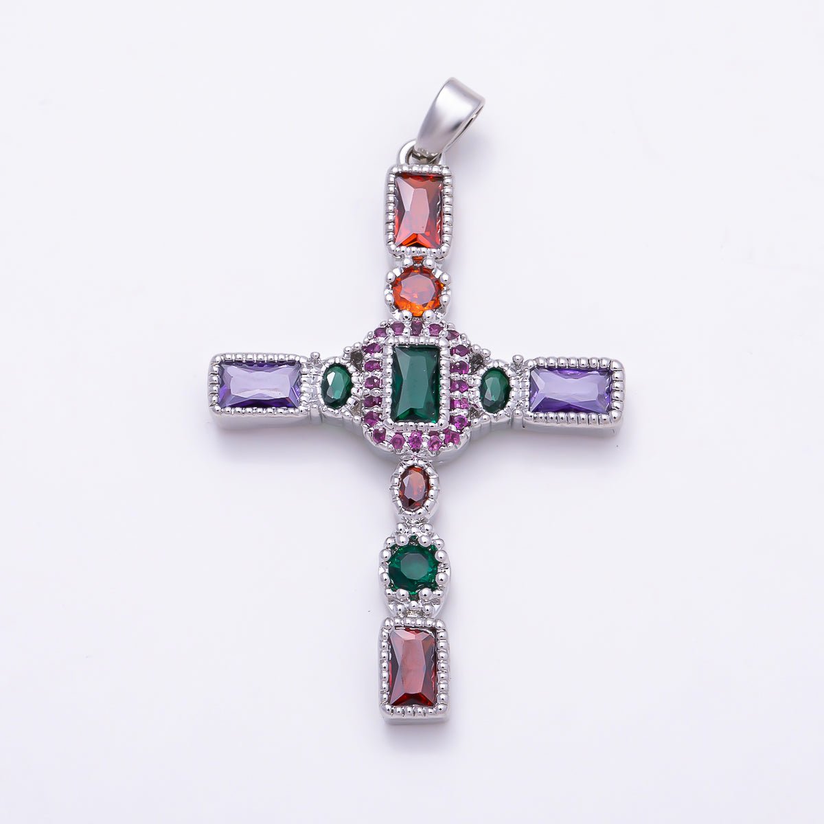 16K Gold Filled 37mm Multicolor CZ Beadded Textured Cross Religious Pendant in Gold & Silver | Charms-01845 - Charms-01846 - DLUXCA