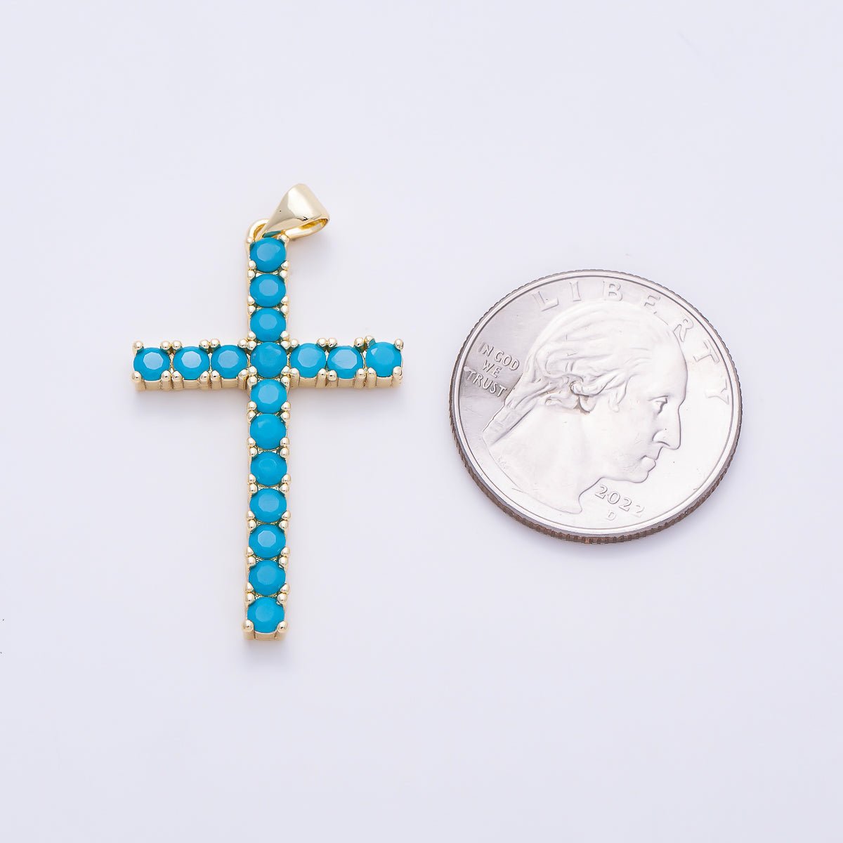 16K Gold Filled 37mm Turquoise Micro Paved Cross Religious Pendant | Charms-01653 - DLUXCA