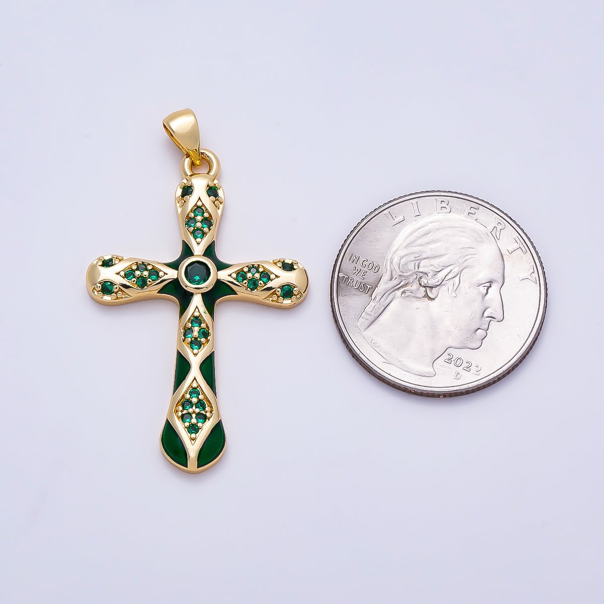 16K Gold Filled 37mm White, Green, Red Enamel Micro Paved CZ Geometric Cross Pendant | Charms-01316 ~ Charms-01318 - DLUXCA