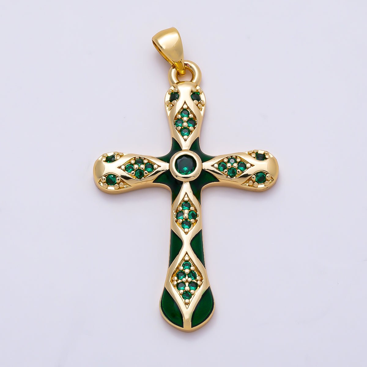 16K Gold Filled 37mm White, Green, Red Enamel Micro Paved CZ Geometric Cross Pendant | Charms-01316 ~ Charms-01318 - DLUXCA