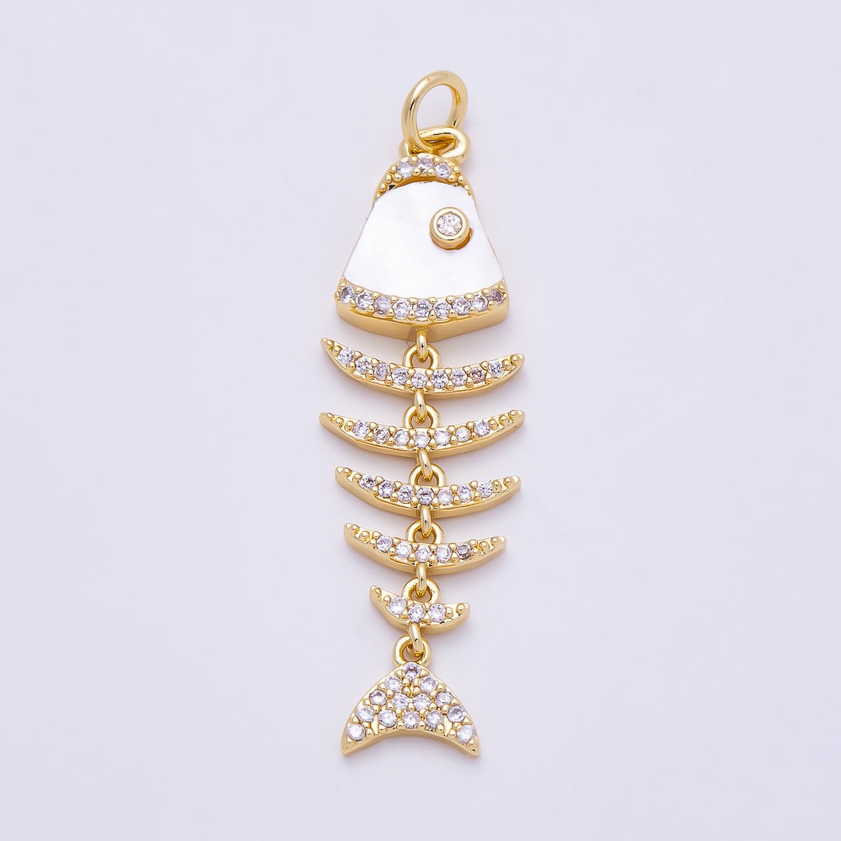16K Gold Filled 38mm Turquoise, Shell Pearl, Malachite, Onyx, Carnelian Micro Paved CZ Fish Skeleton Charm | Charms-01447 ~ Charms-01451 - DLUXCA