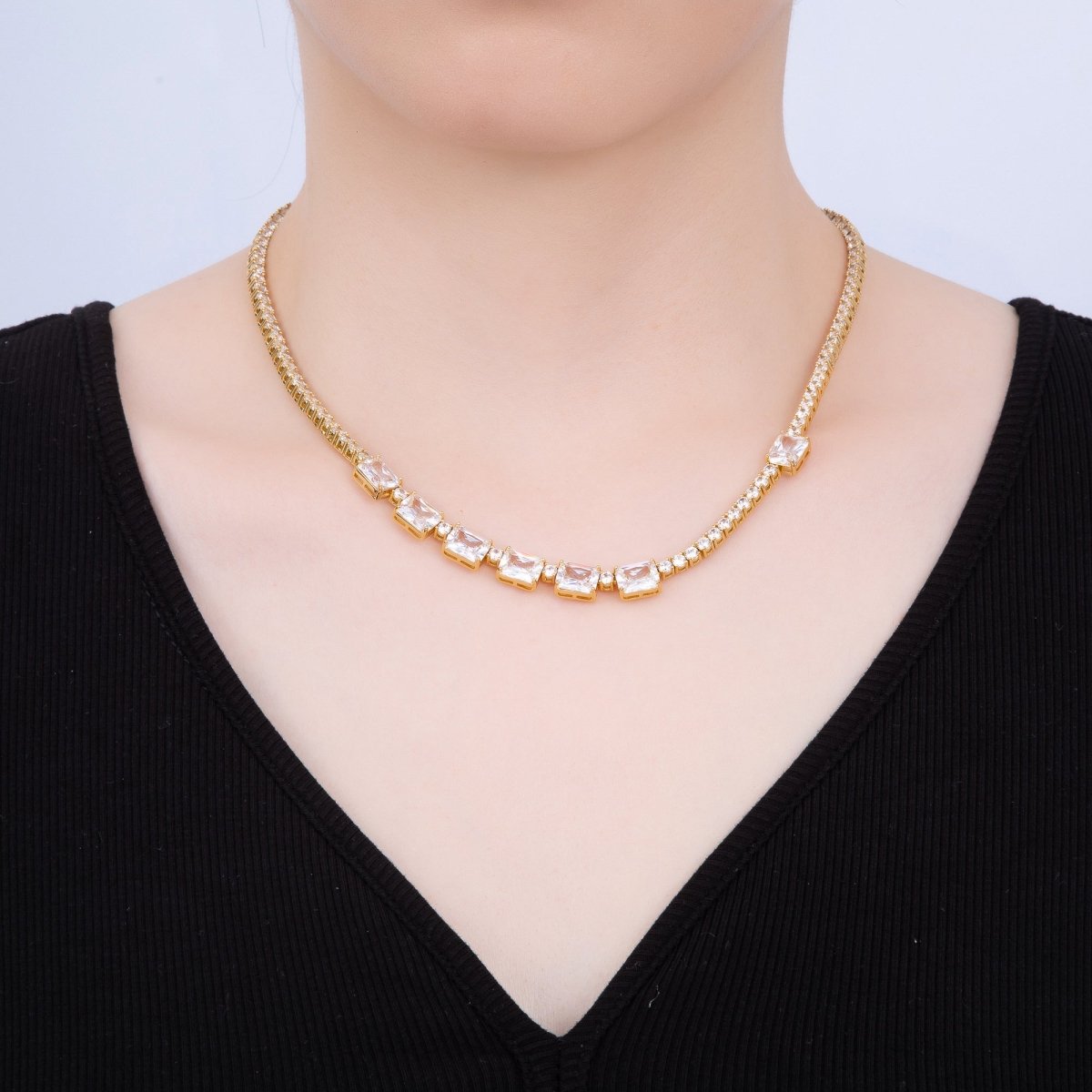 16K Gold Filled 3mm Baguette CZ Tennis Chain 17 Inch Adjustable Necklace | WA - 04336 - DLUXCA