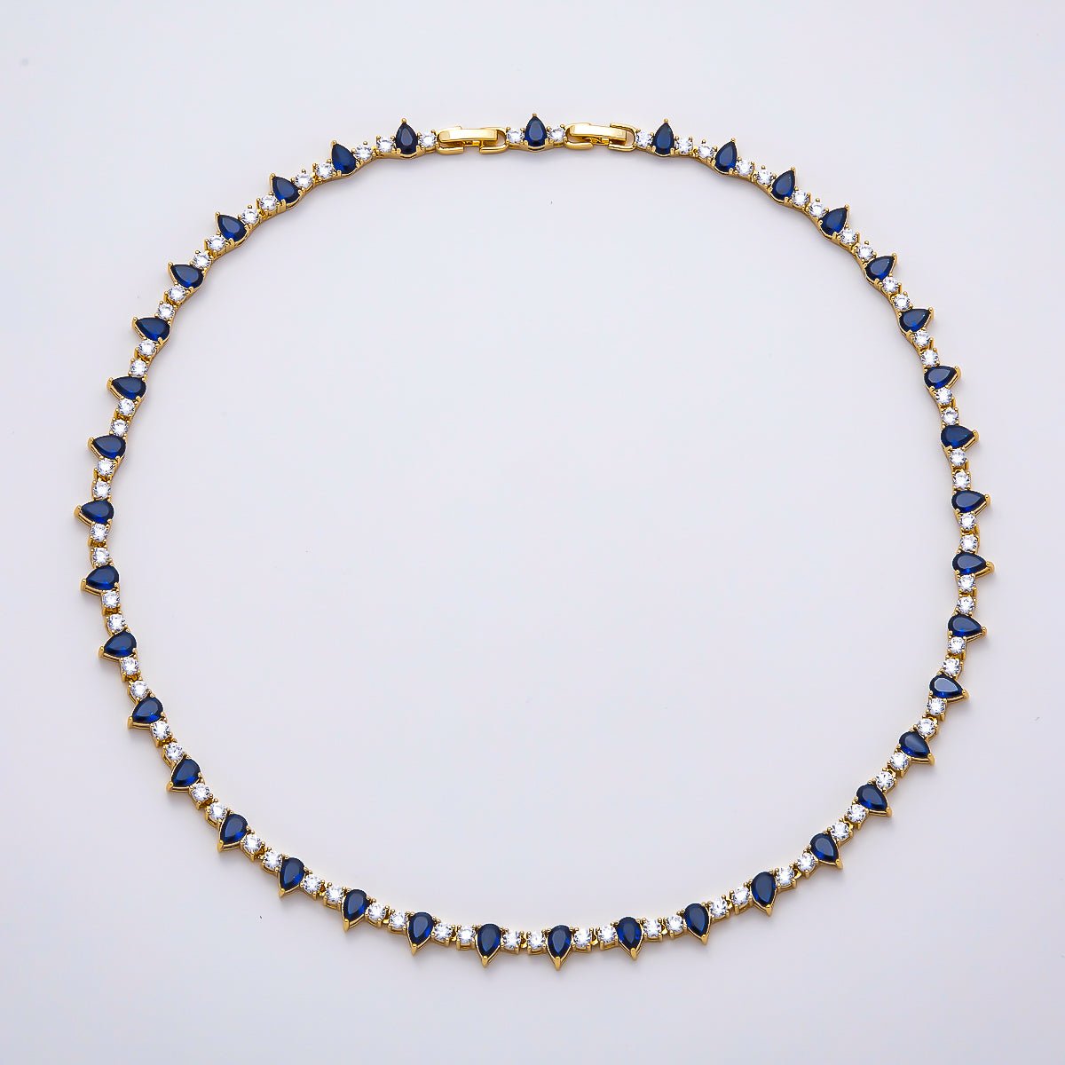 16K Gold Filled 3mm Blue Teardrop Clear Tennis Chain 17 Inch Adjustable Necklace | WA-04677 - DLUXCA