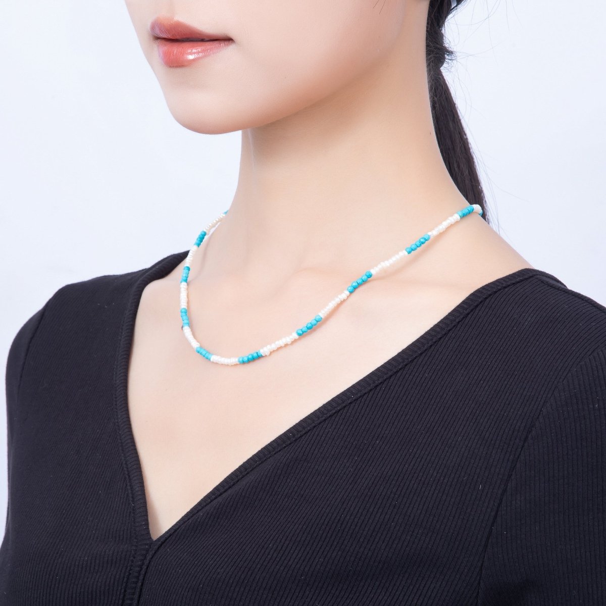 16K Gold Filled 3mm Blue Turquoise Round White Seed Freshwater Pearl 17.5 Inch Necklace | WA-01649 - DLUXCA