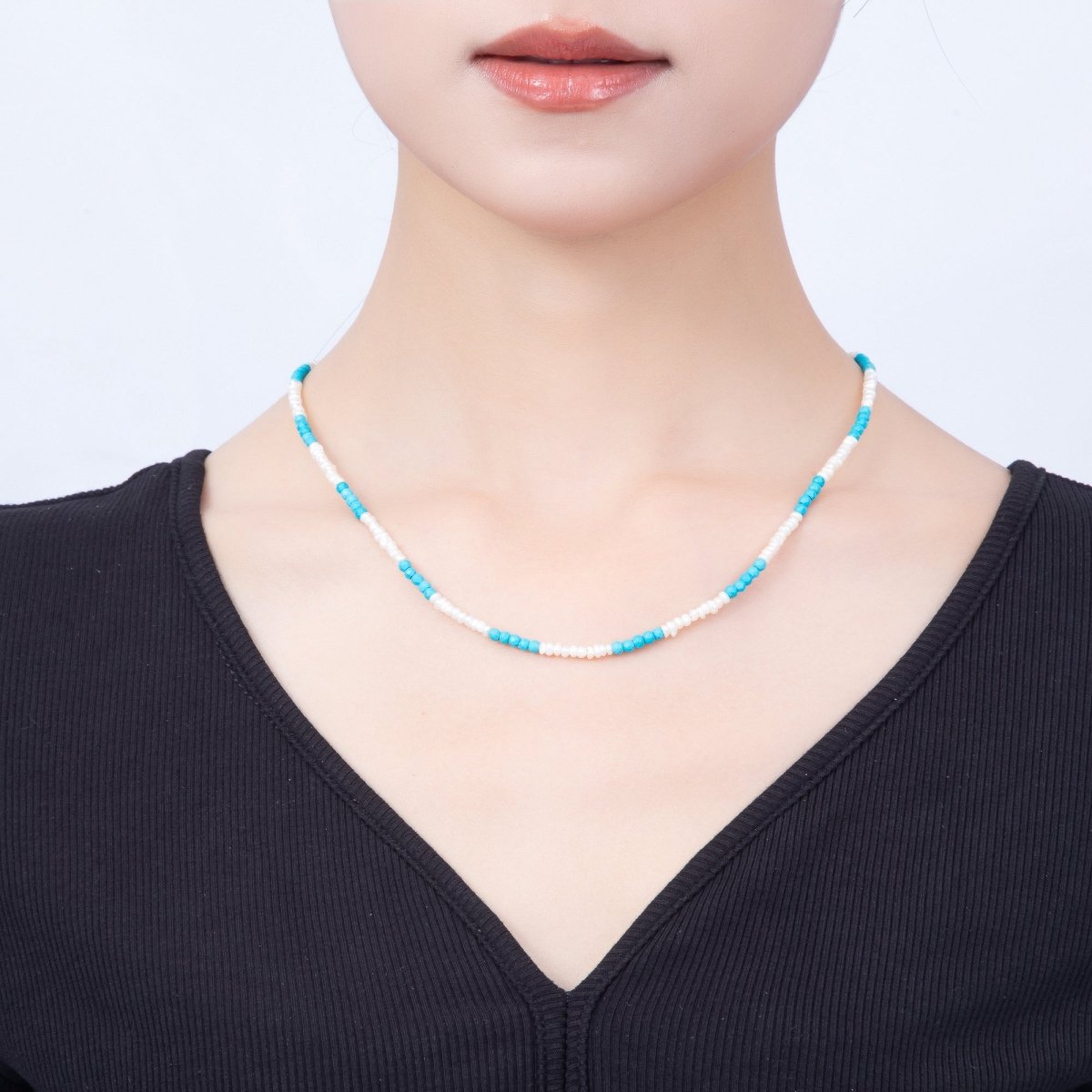 16K Gold Filled 3mm Blue Turquoise Round White Seed Freshwater Pearl 17.5 Inch Necklace | WA-01649 - DLUXCA
