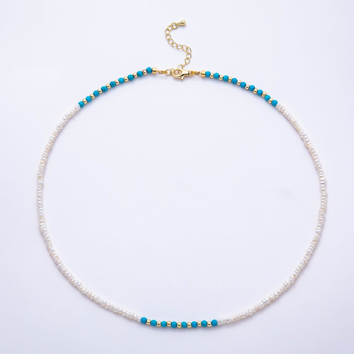 16K Gold Filled 3mm Blue Turquoise Round White Seed Freshwater Pearl 17.5 Inch Necklace | WA-01649 - DLUXCA