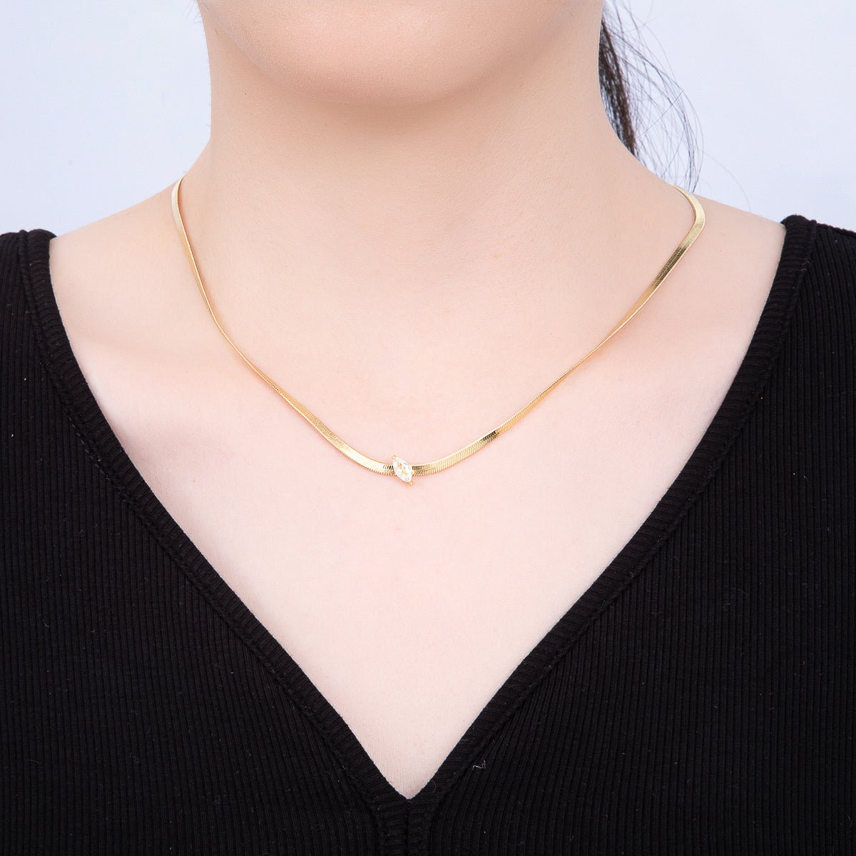 16K Gold Filled 3mm Clear Marquise CZ Herringbone Chain 17 Inch Necklace w. Extender | WA - 04348 - DLUXCA