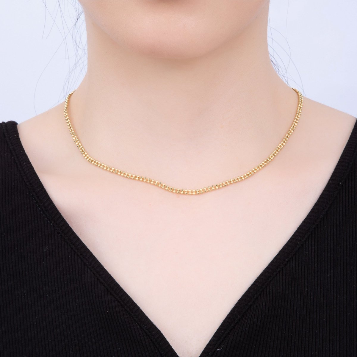 16K Gold Filled 3mm Double Row Round Ball Chain 17 Inch Necklace w. Extender | WA - 04337 - DLUXCA