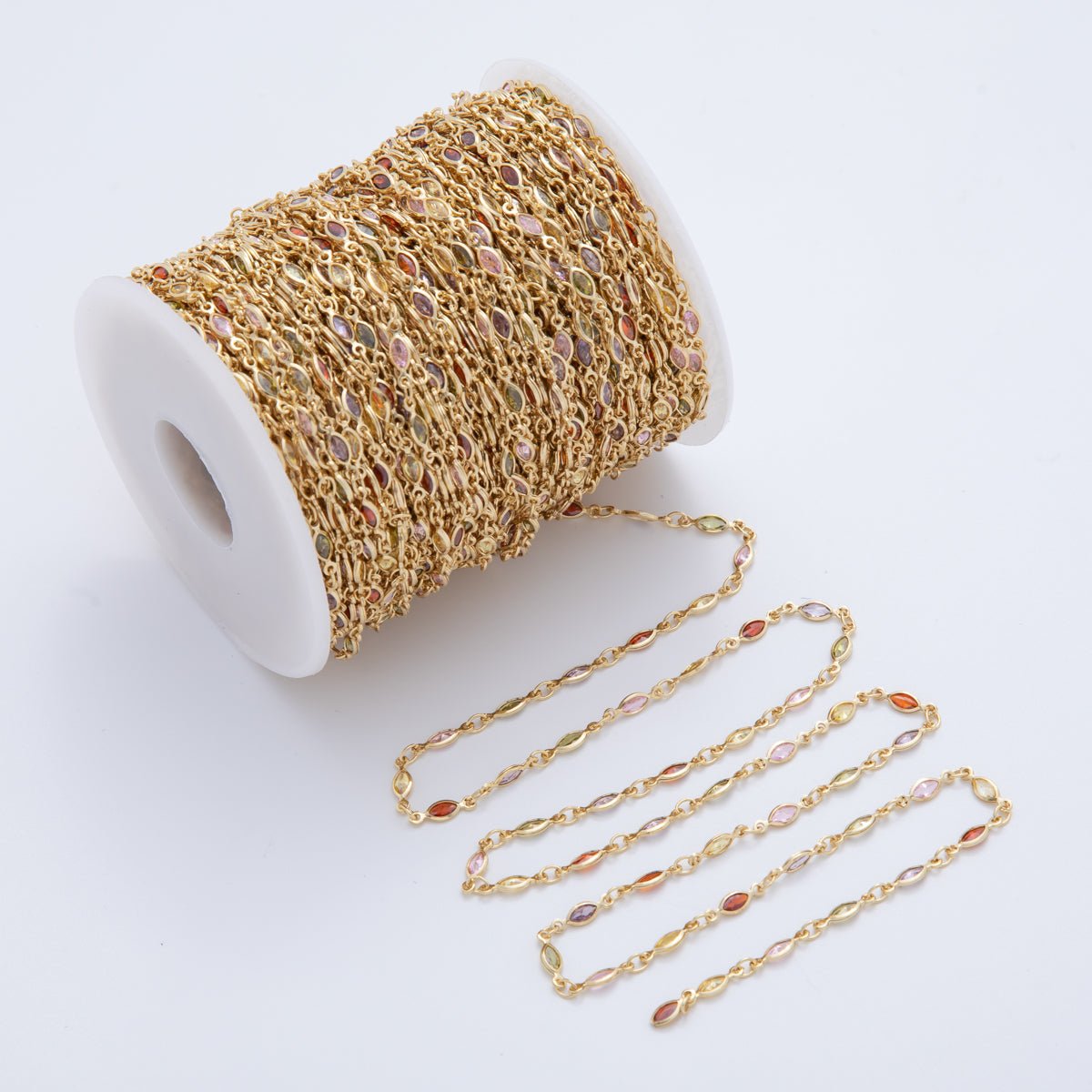 16K Gold Filled 3mm Multicolor CZ Multifaceted Marquise Unfinished Chain by Yard | Roll - 1605 - DLUXCA