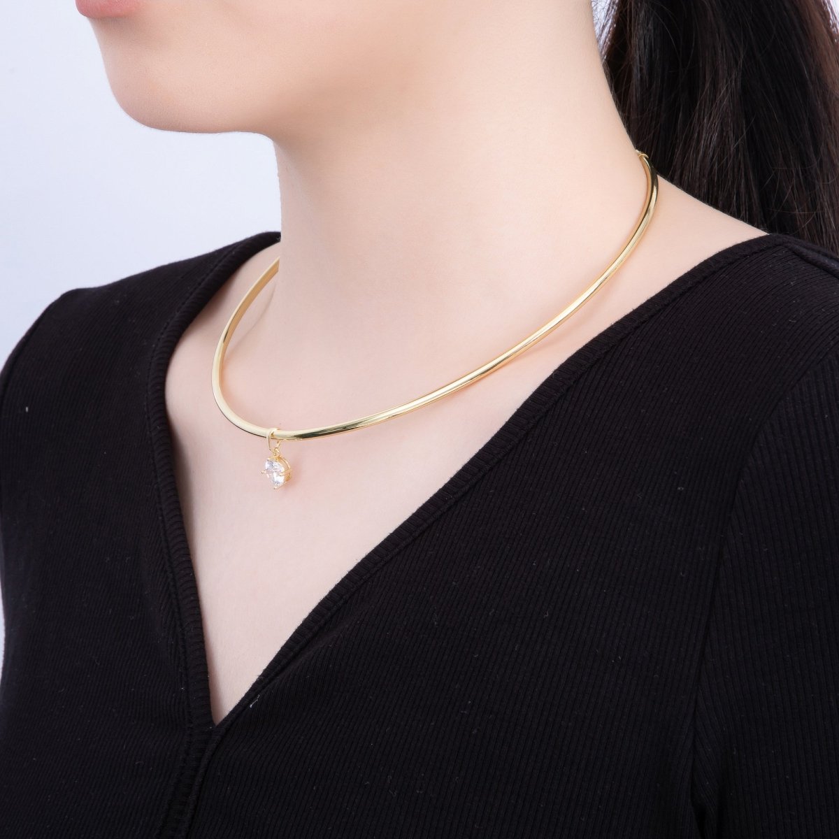 16K Gold Filled 3mm Round Solitaire CZ Tube Choker Floating Collar Necklace | WA - 04363 - DLUXCA
