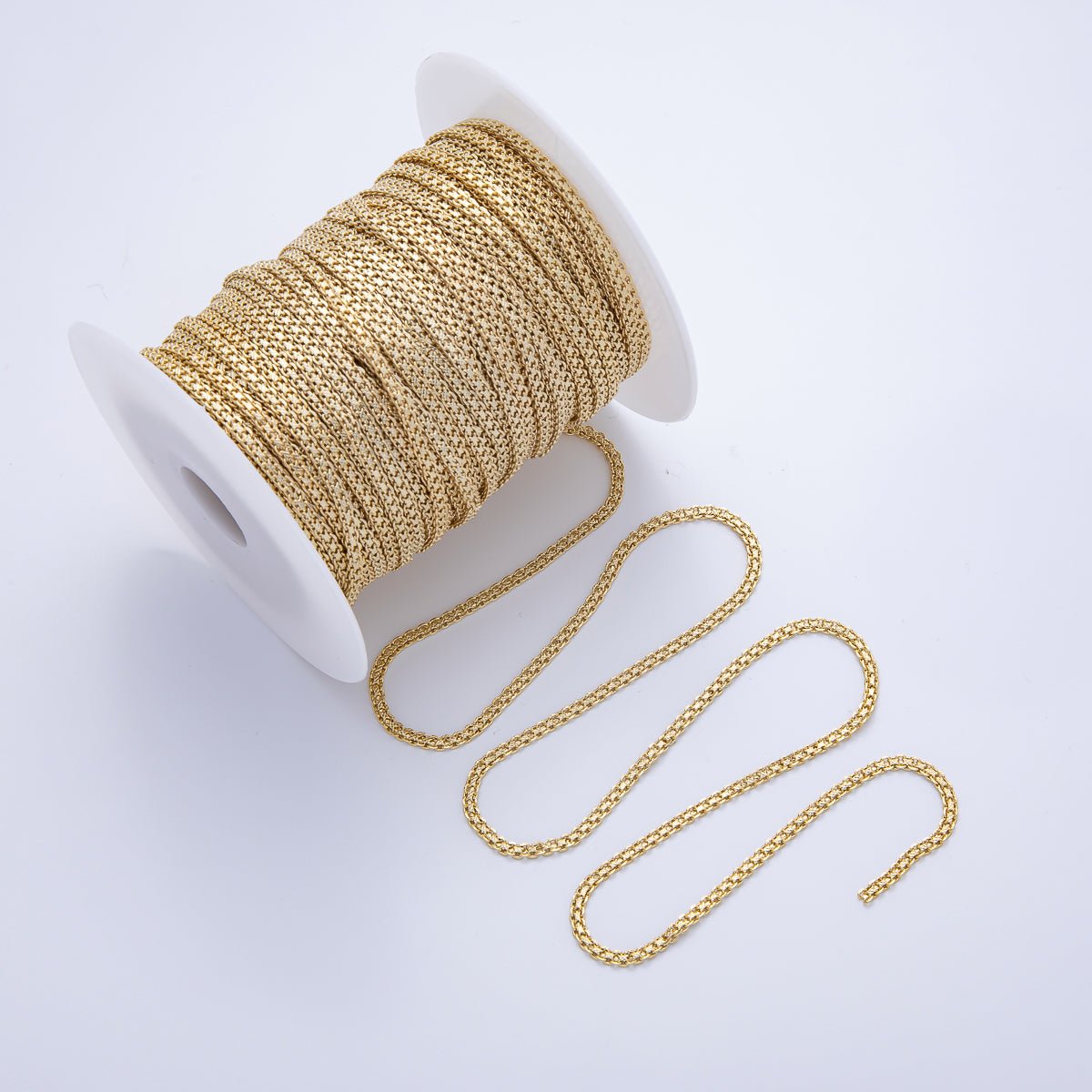 16K Gold Filled 3mm Textured Box Chain Unfinished Chain by Yard | ROLL - 1822 - DLUXCA