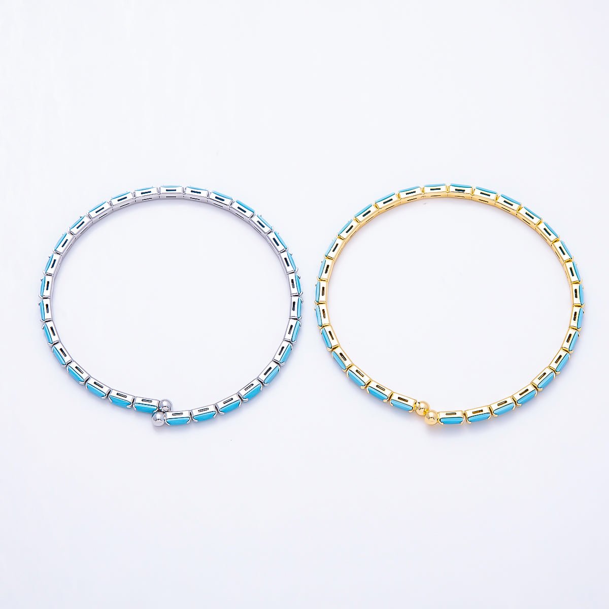 16K Gold Filled 3mm Turquoise Baguette Cuff Bracelet in Gold & Silver | WA-02373 WA-02444 - DLUXCA