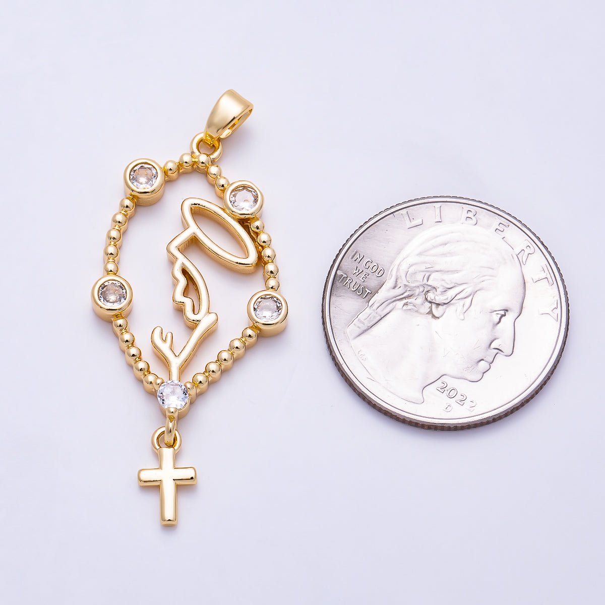 16K Gold Filled 40mm Clear CZ Dotted Religious Cross Women Drop Pendant | Charms-01997 - DLUXCA