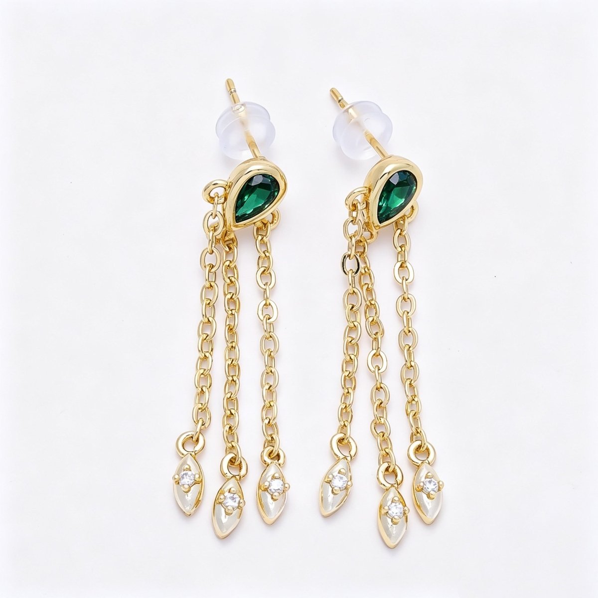 16K Gold Filled 40mm Clear, Green CZ Teardrop Triple Chain Drop Stud | Earrings-00690 Earrings-00691 - DLUXCA