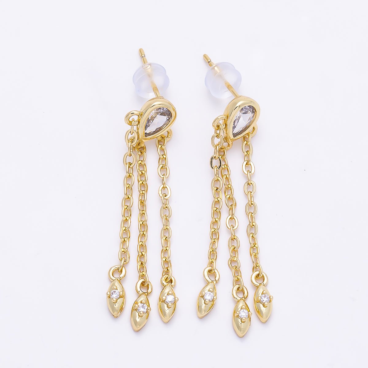 16K Gold Filled 40mm Clear, Green CZ Teardrop Triple Chain Drop Stud | Earrings-00690 Earrings-00691 - DLUXCA