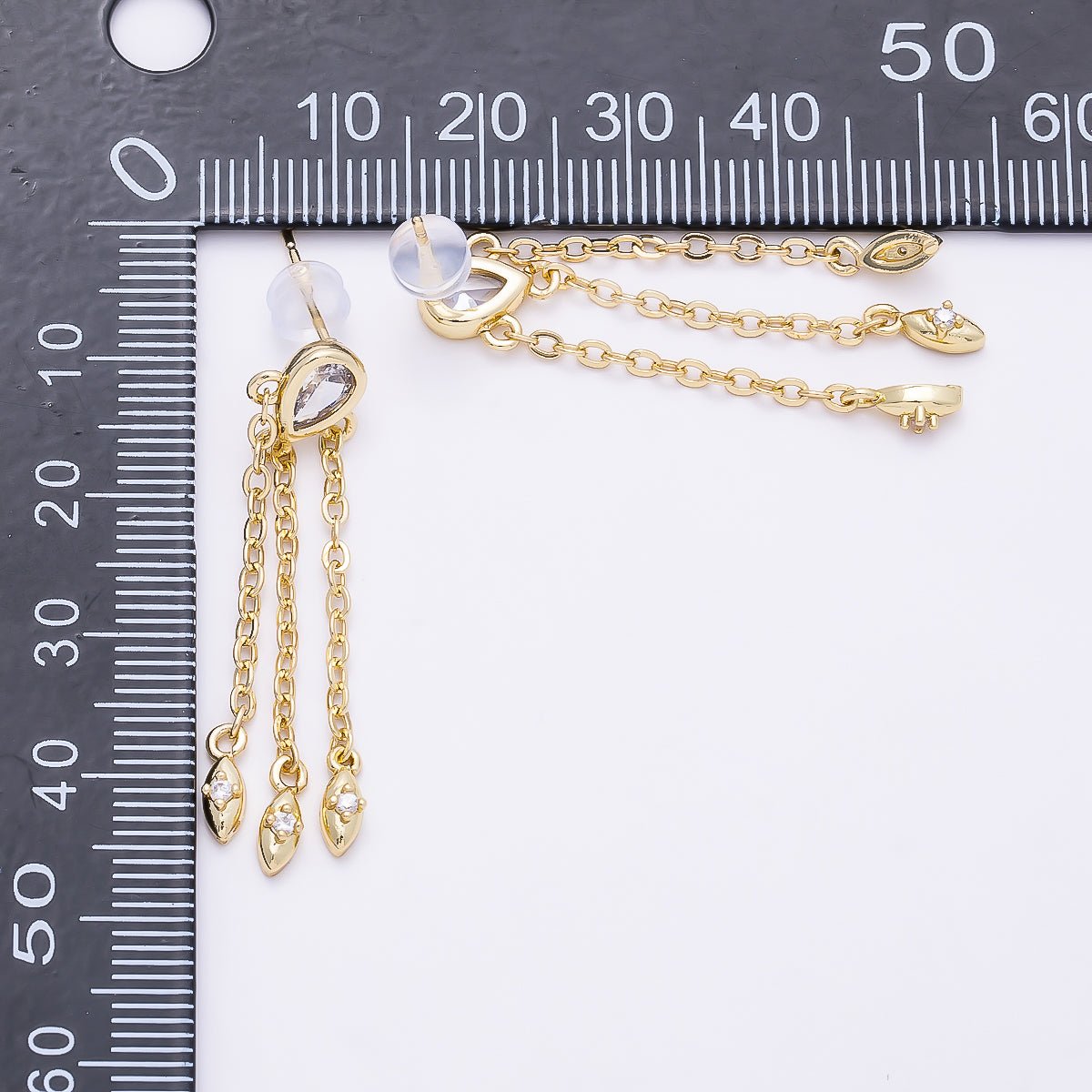 16K Gold Filled 40mm Clear, Green CZ Teardrop Triple Chain Drop Stud | Earrings-00690 Earrings-00691 - DLUXCA