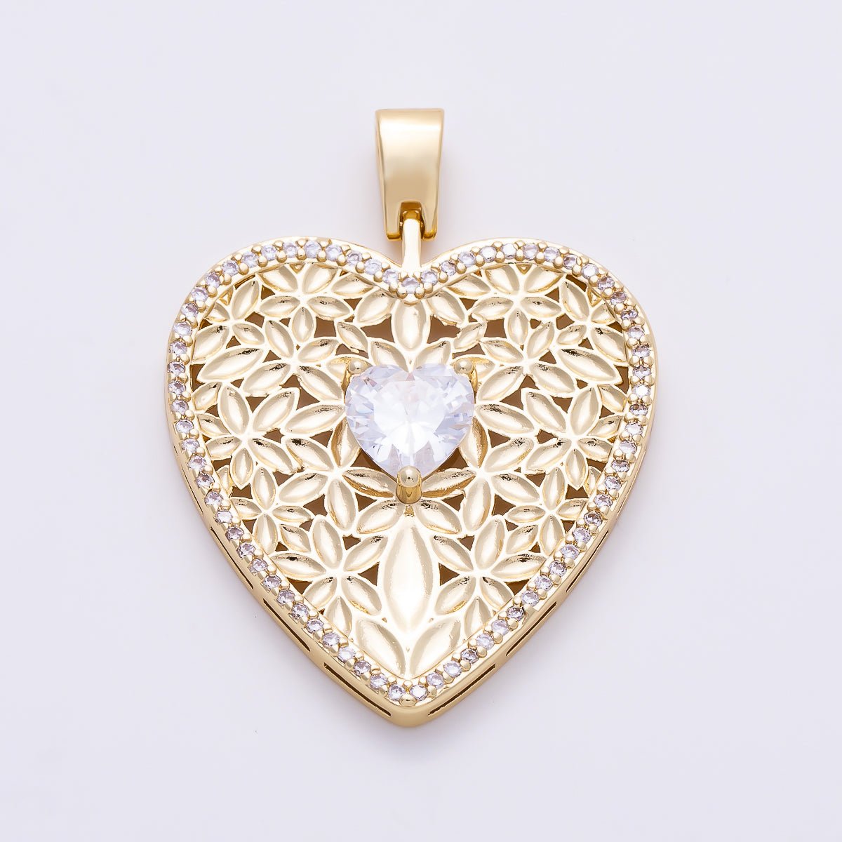 16K Gold Filled 41mm Heart CZ Filigree Flower Openwork Heart Pendant | Charms-01651 - DLUXCA