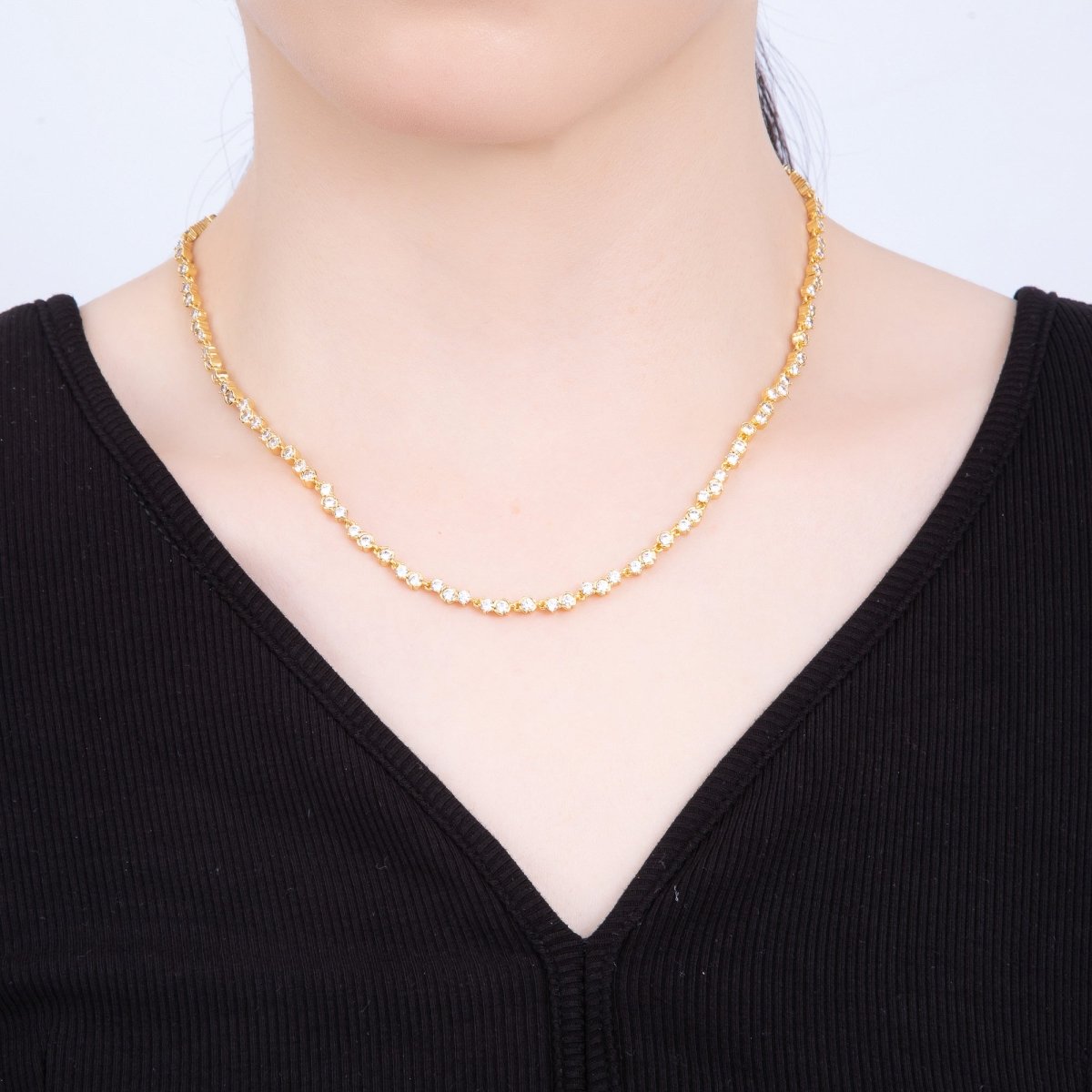 16K Gold Filled 4.2mm Clear CZ Cluster Tennis Chain 16.5 Inch Adjustable Necklace | WA - 04270 - DLUXCA
