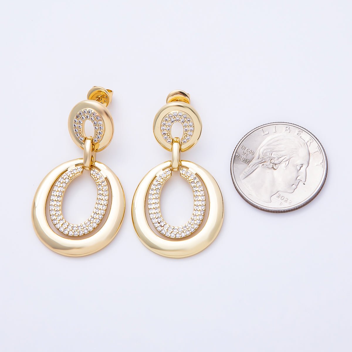 16K Gold Filled 42mm Micro Paved CZ Oval Link Drop Stud | Earrings-00669 - DLUXCA