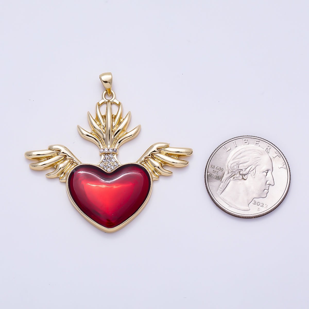 16K Gold Filled 42mm Micro Paved CZ Red Sacred Heart Wings Religious Pendant | Charms-01277 - DLUXCA