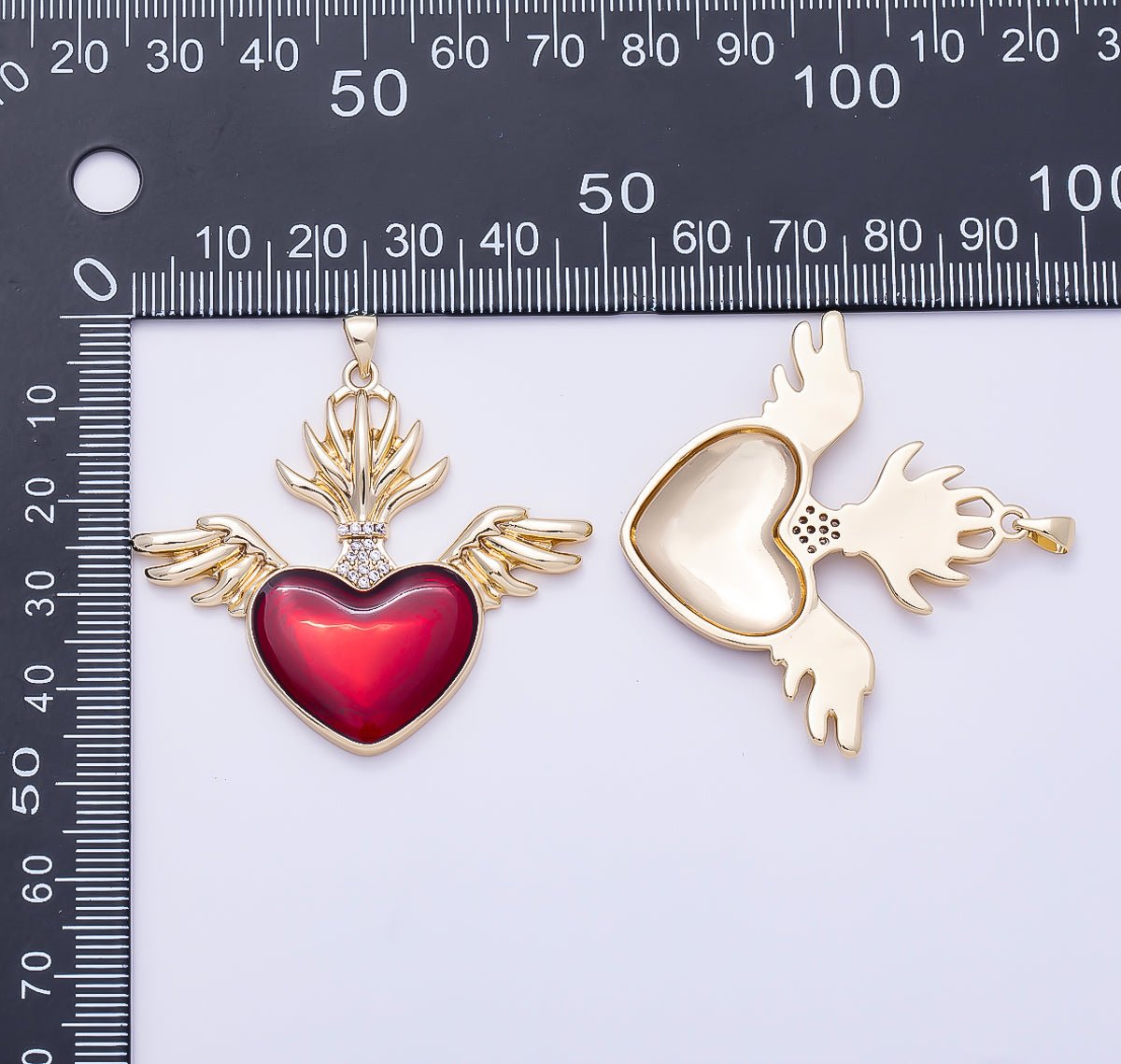 16K Gold Filled 42mm Micro Paved CZ Red Sacred Heart Wings Religious Pendant | Charms-01277 - DLUXCA