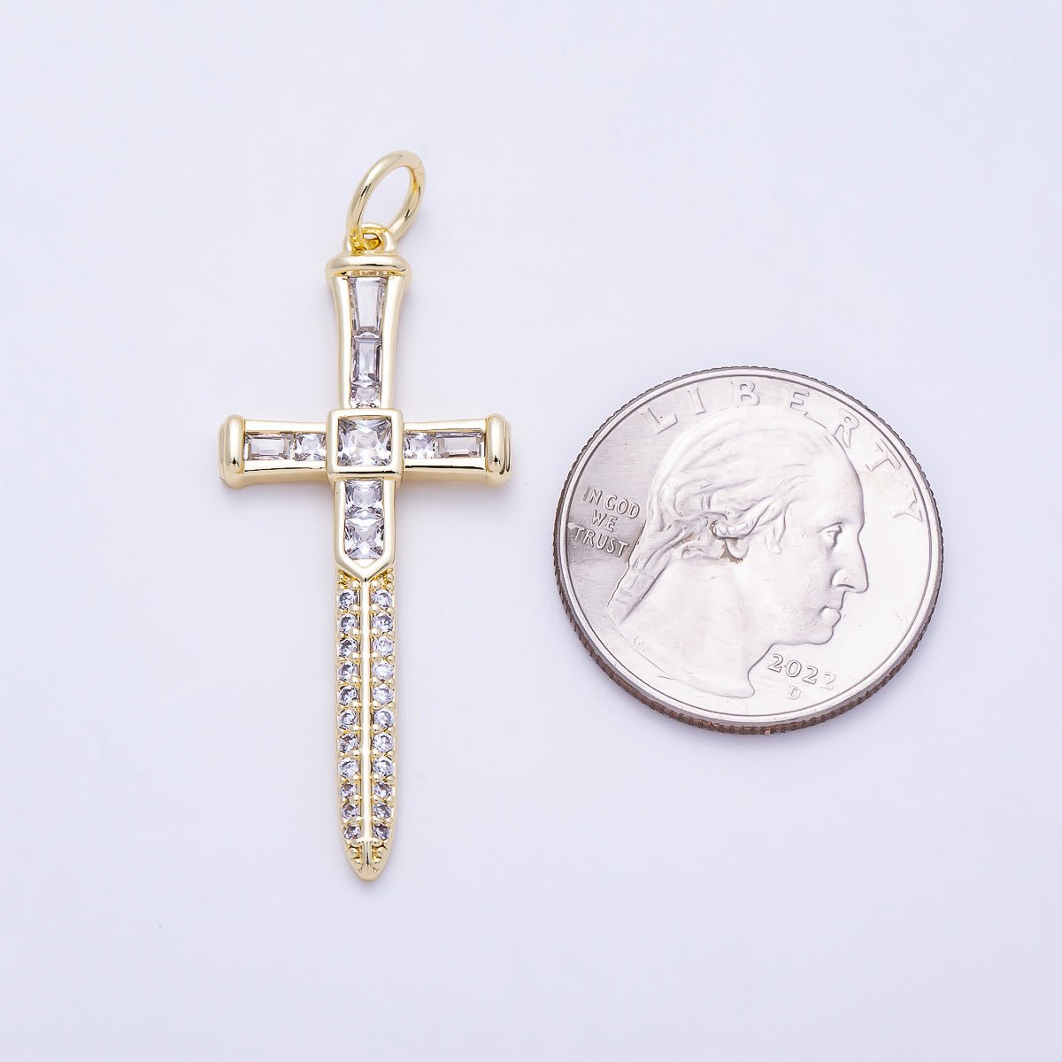 16K Gold Filled 43mm Baguette Micro Paved CZ Sword Cross Religious Pendant | Charms-01385 - DLUXCA
