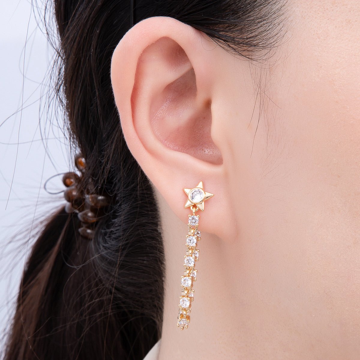 16K Gold Filled 43mm Clear CZ, White Opal Celestial Star Drop Stud Earrings | Earrings - 00299 Earrings - 00300 - DLUXCA