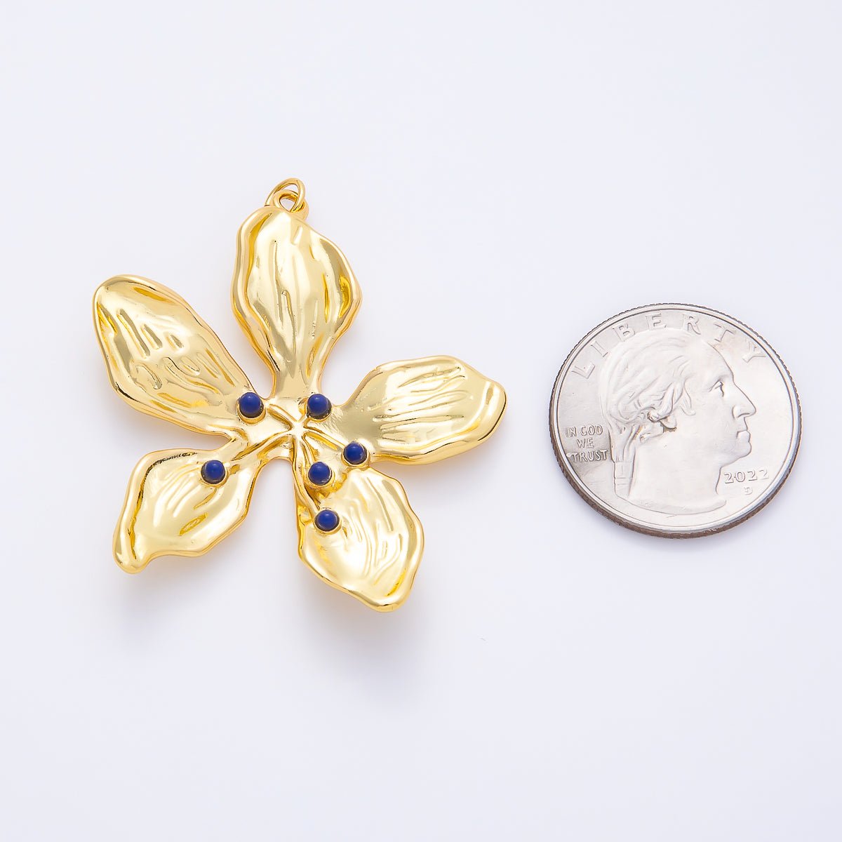 16K Gold Filled 45mm Blue Agate Dotted Foil Flower Charm | Charms-01262 - DLUXCA