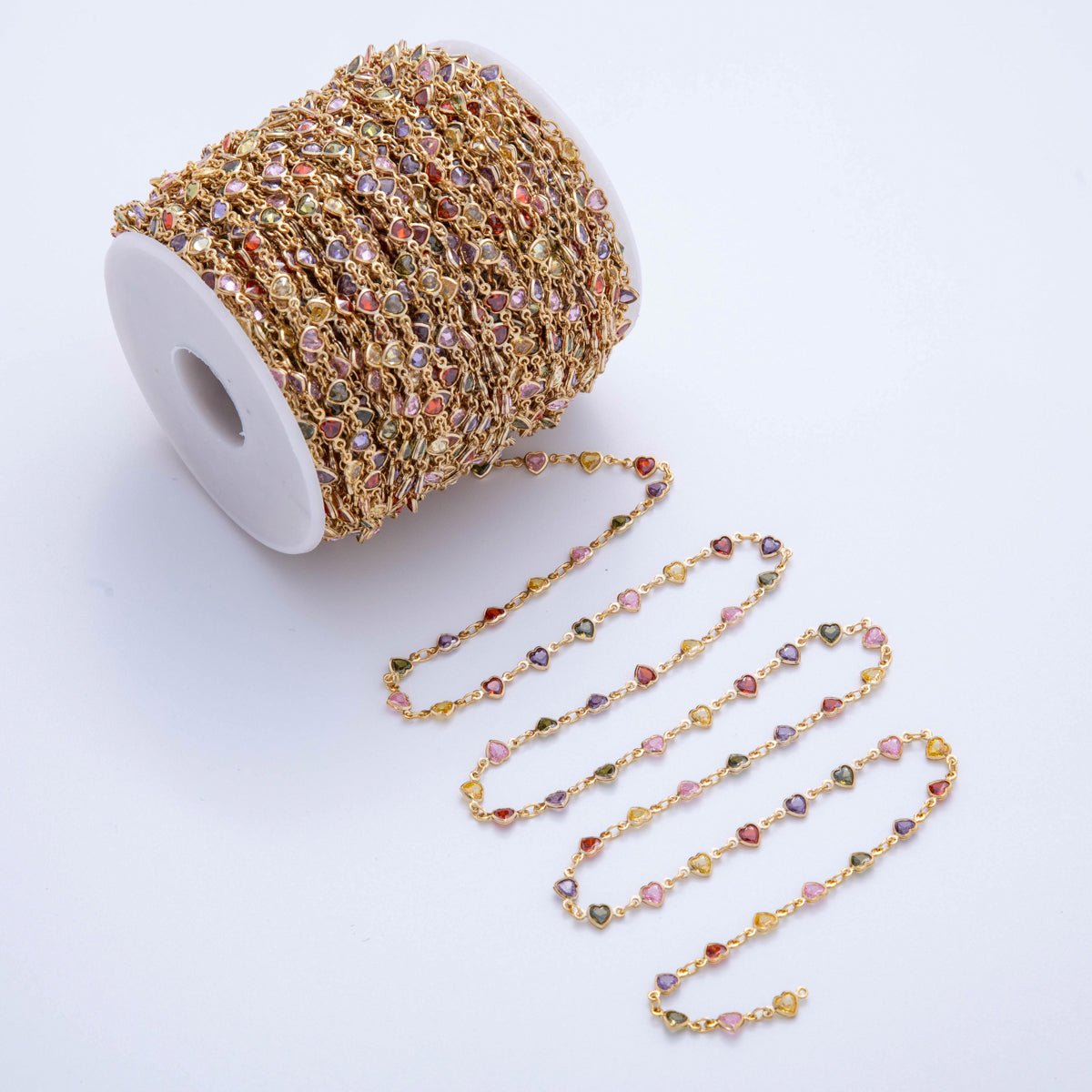 16K Gold Filled 4.5mm Multicolor CZ Multifaceted Heart Unfinished Chain by Yard | Roll - 1601 - DLUXCA