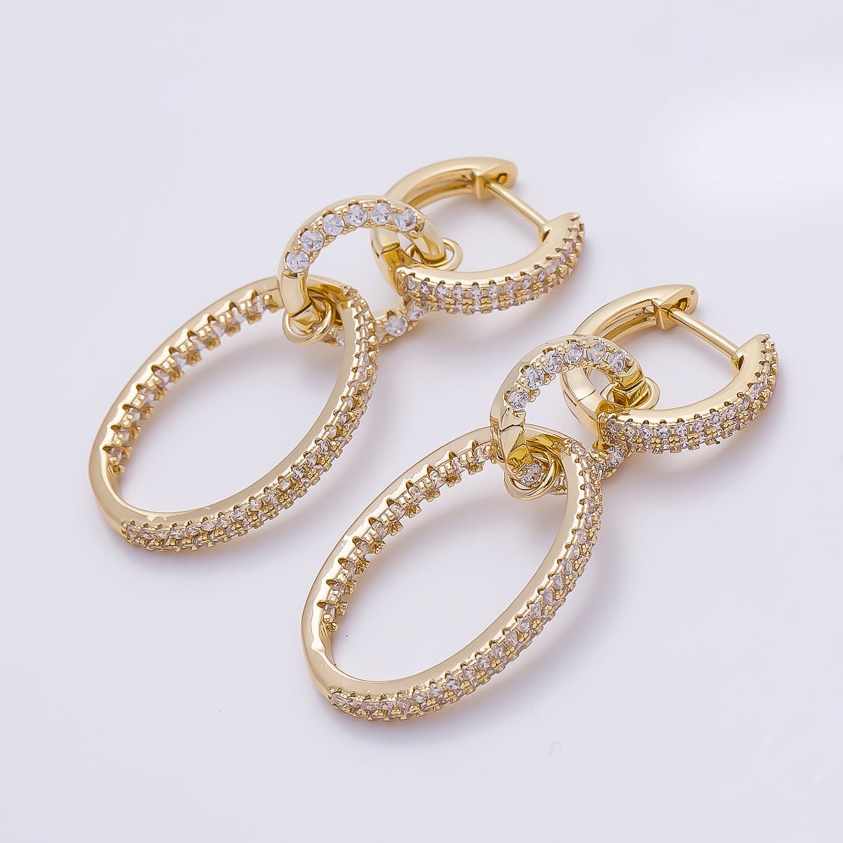 16K Gold Filled 46mm Micro Paved CZ Triple Link Drop Hoop | Earrings-00697 - DLUXCA
