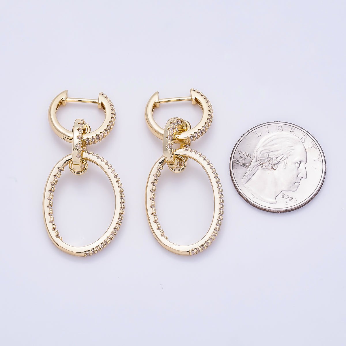 16K Gold Filled 46mm Micro Paved CZ Triple Link Drop Hoop | Earrings-00697 - DLUXCA