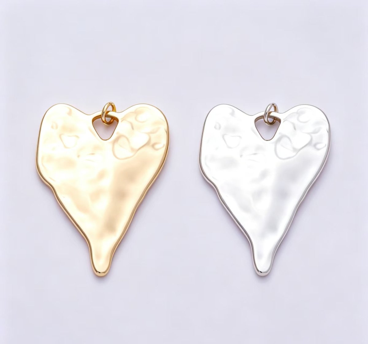 16K Gold Filled 49mm Large Hammered Organic Heart Statement Pendant in Gold & Silver | Charms-01950 - Charms-01951 - DLUXCA