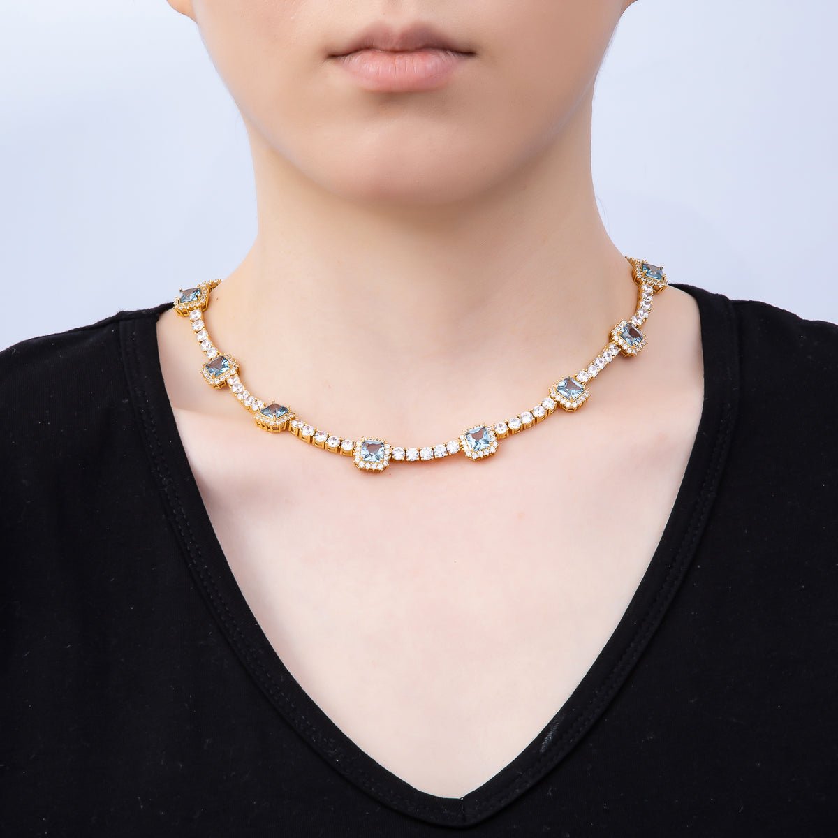 16K Gold Filled 4mm Blue Baguette CZ Tennis Chain 16.5 Inch Adjustable Necklace | WA-04678 - DLUXCA