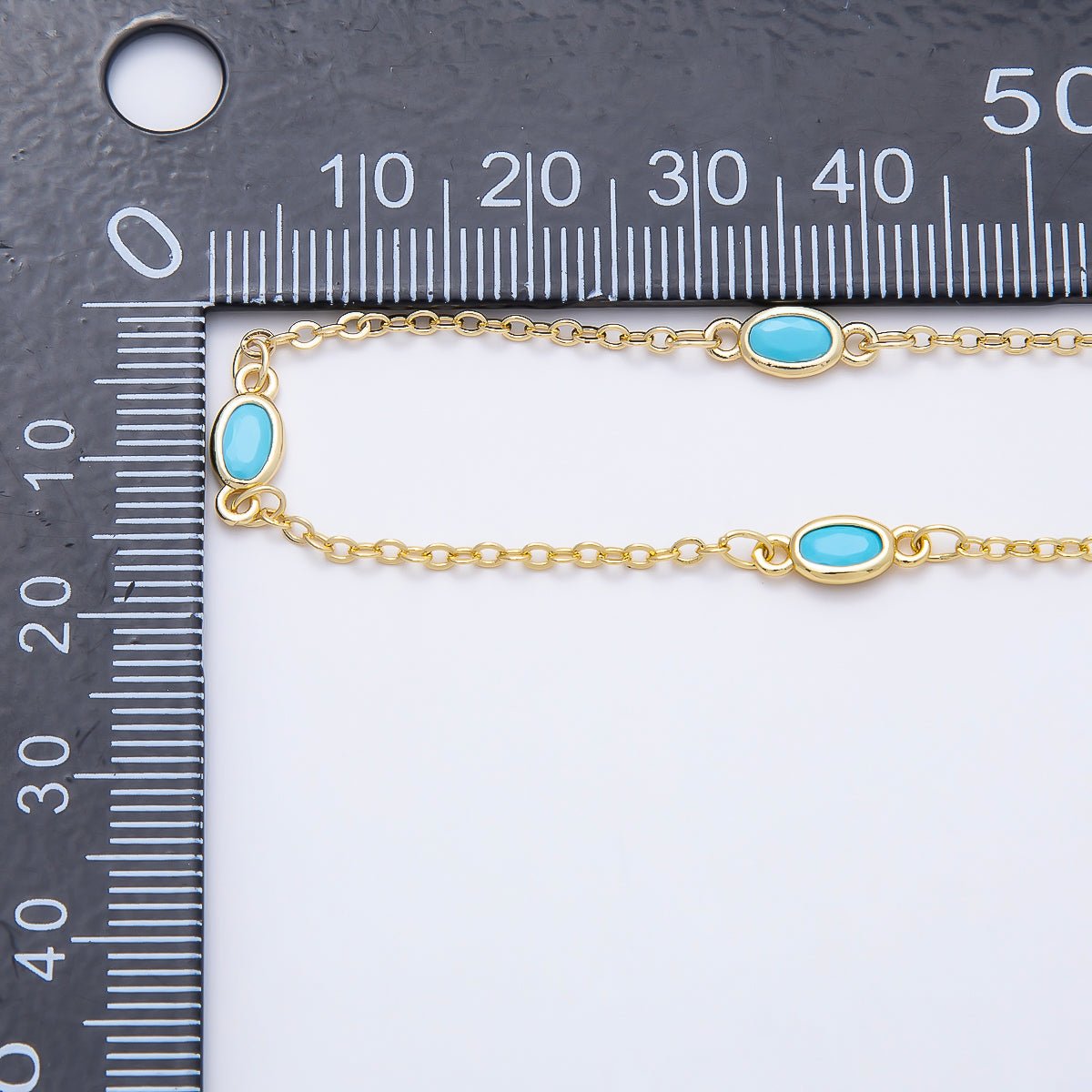 16K Gold Filled 4mm Blue Turquoise Oval Bezel Satellite Gemstone Chain by Yard | Roll-01888 - DLUXCA